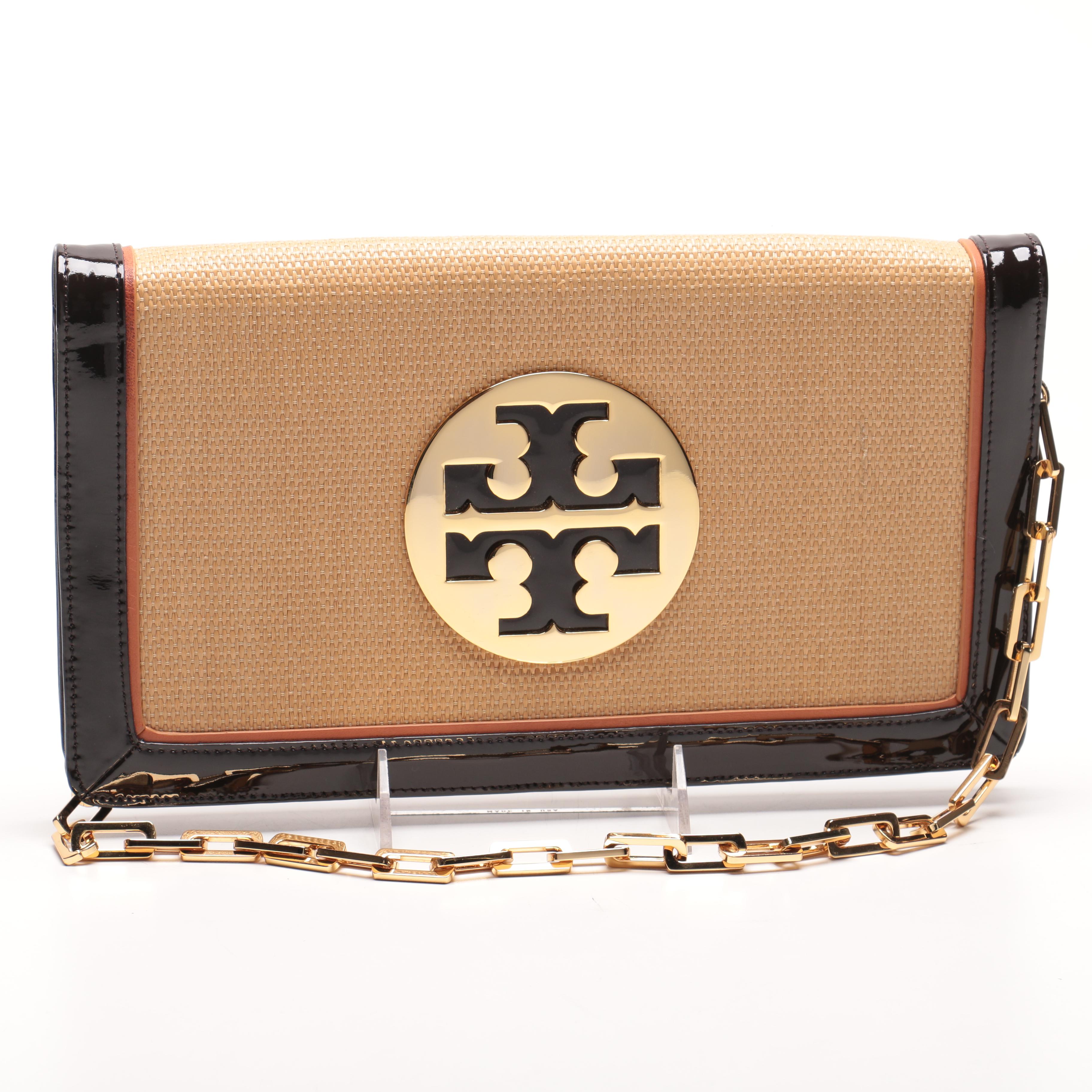 Tory Burch Patent Leather and Raffia Shoulder Bag