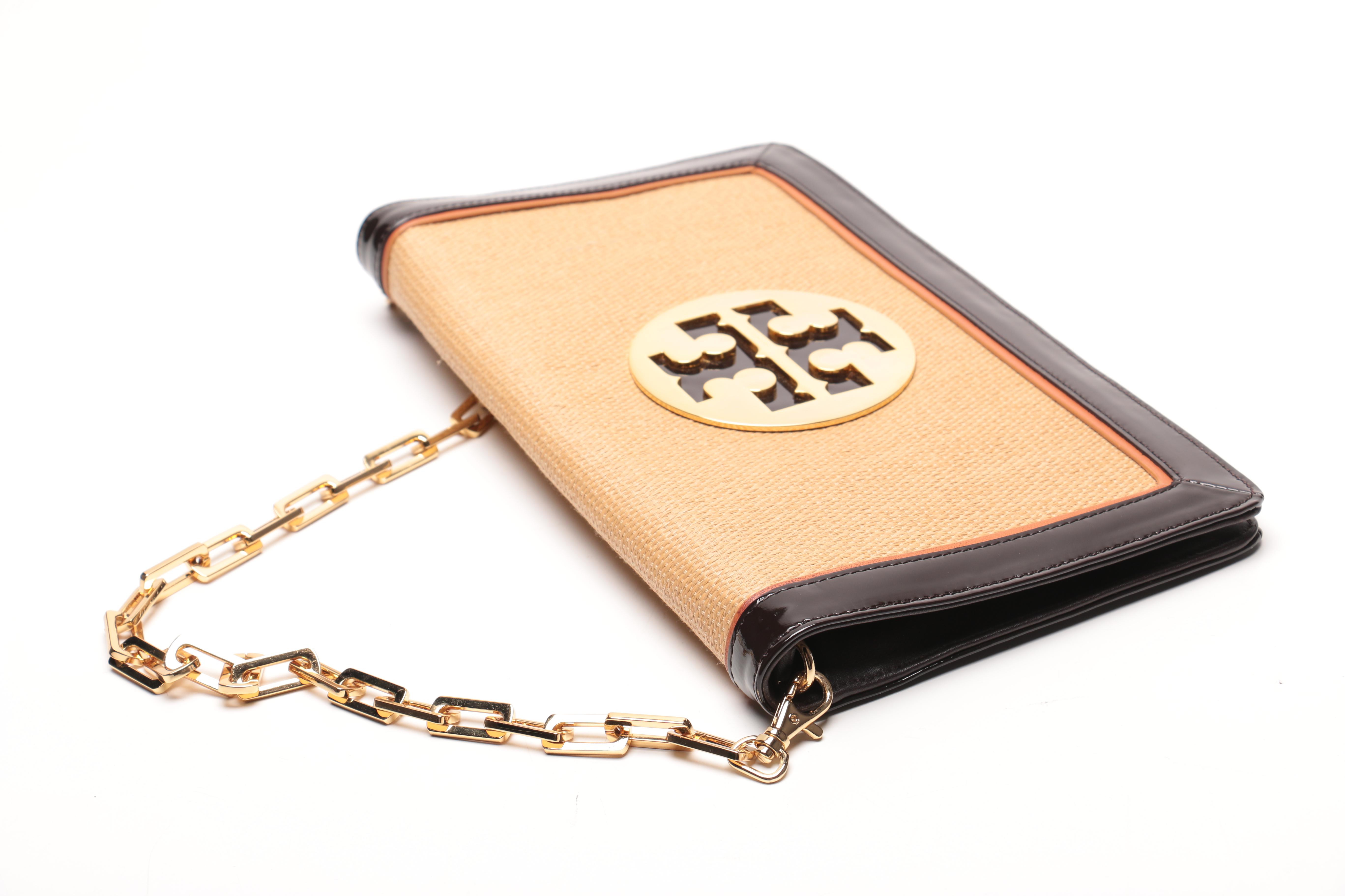 Tory Burch Patent Leather and Raffia Shoulder Bag