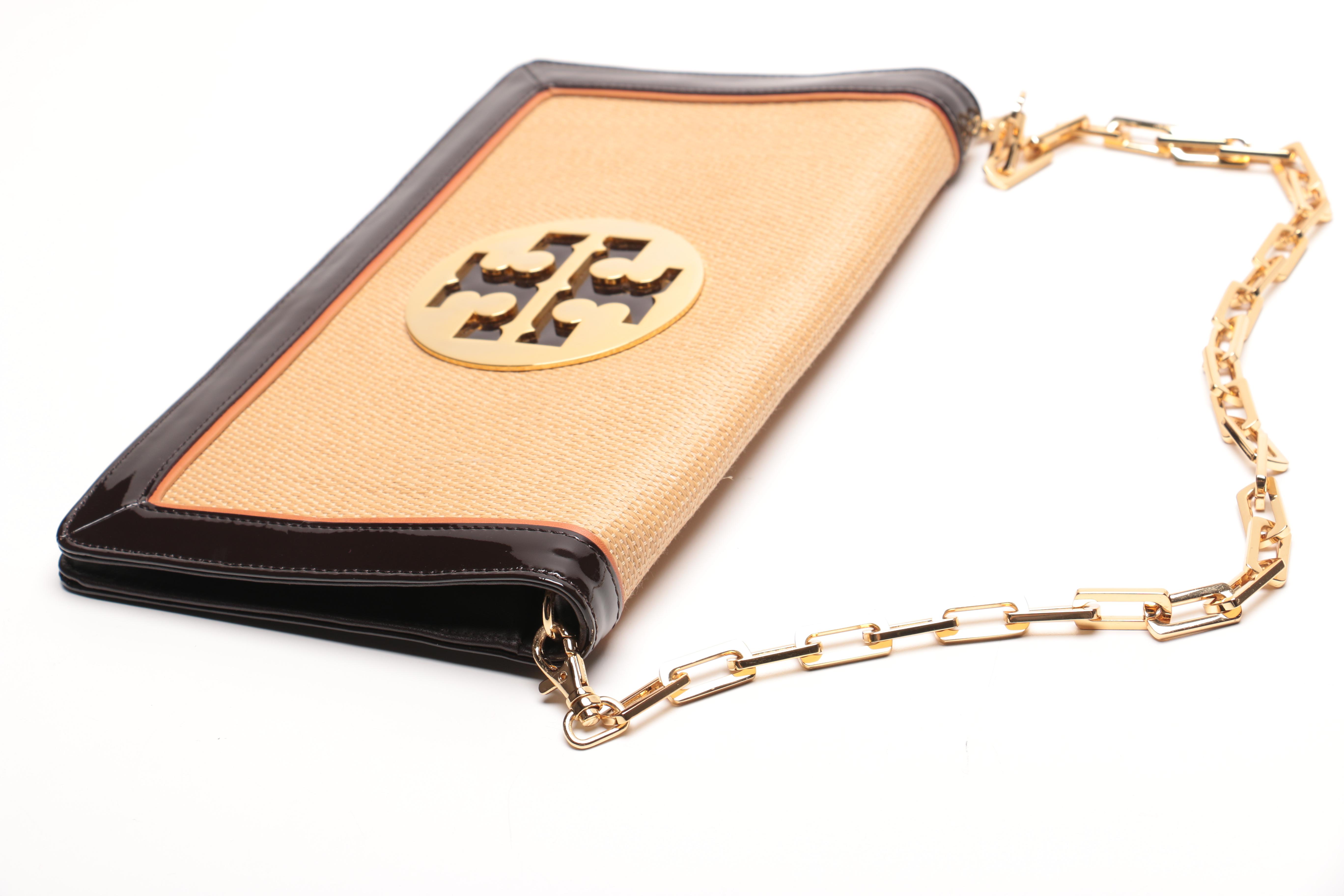 Tory Burch Patent Leather and Raffia Shoulder Bag