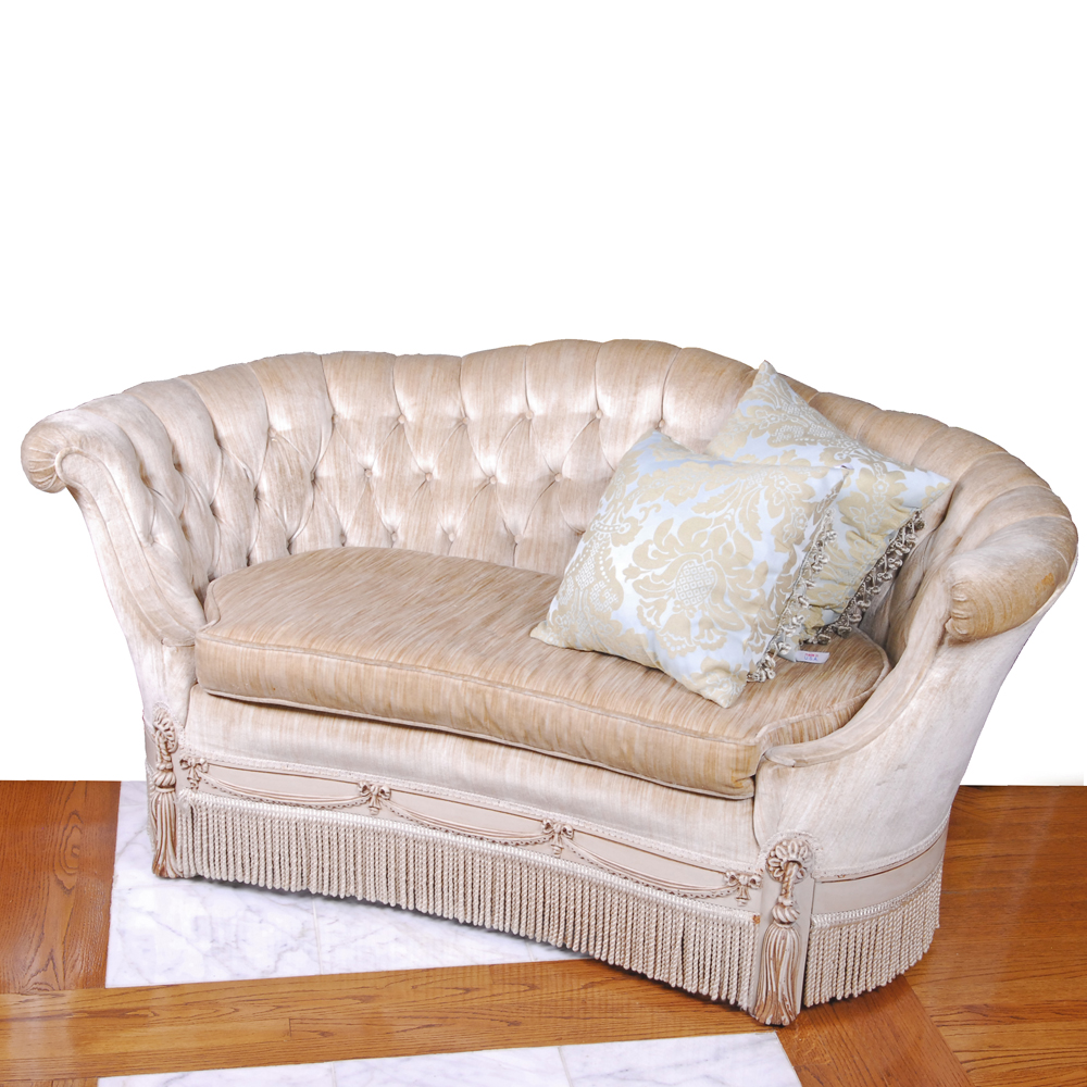 Tufted Beige Love Seat With Fringe