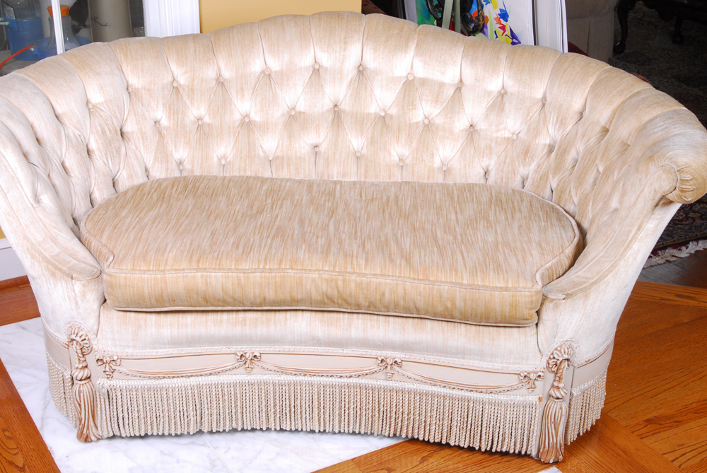 Tufted Beige Love Seat With Fringe