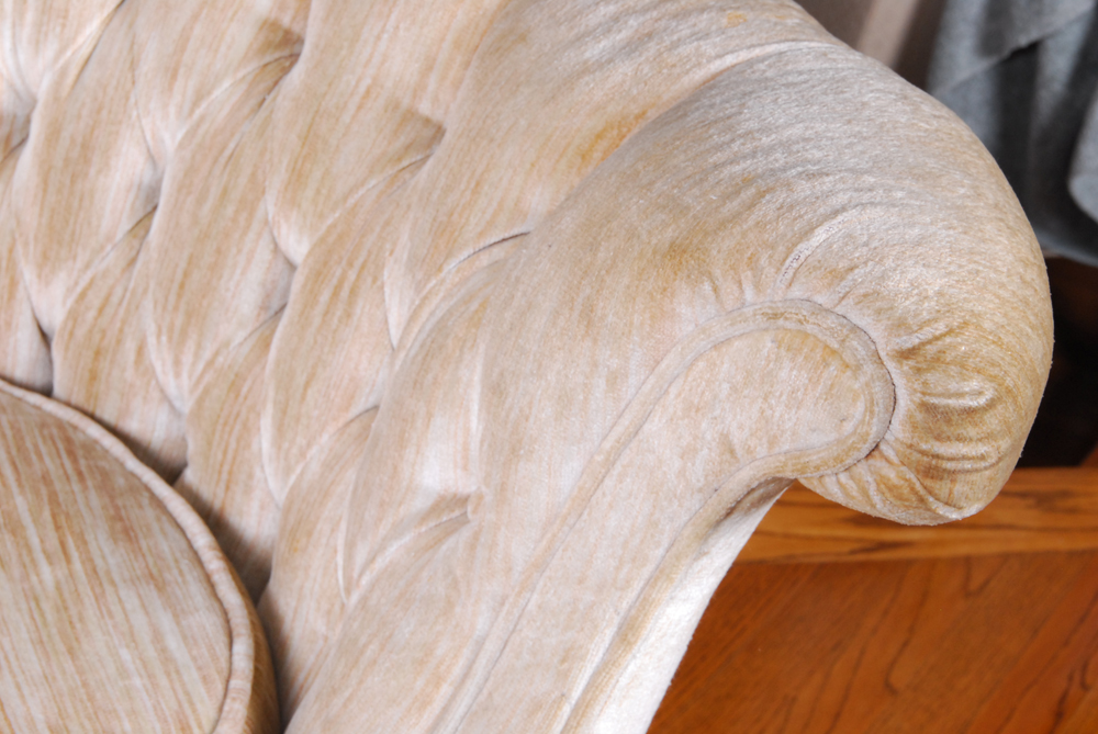 Tufted Beige Love Seat With Fringe