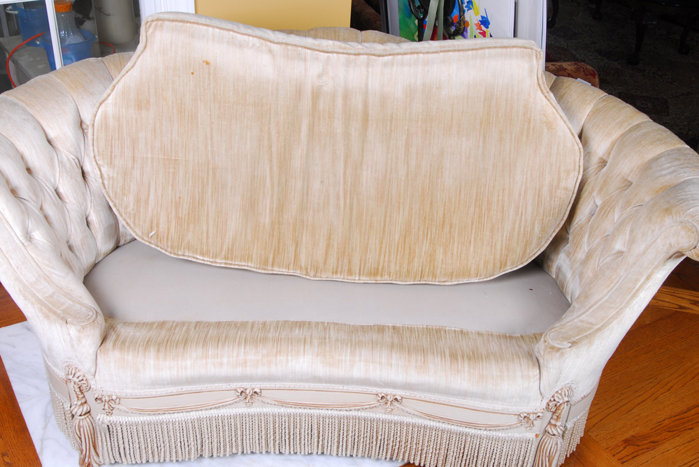 Tufted Beige Love Seat With Fringe