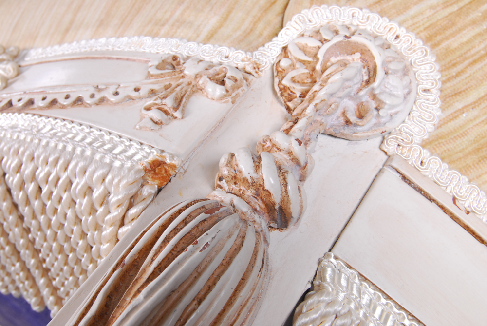 Tufted Beige Love Seat With Fringe