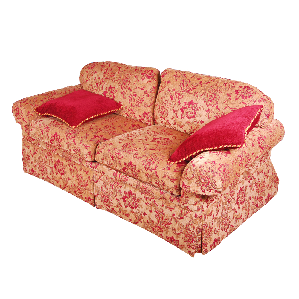 Overstuffed Upholstered Love Seat With Throw Pillows