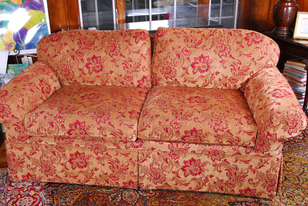 Overstuffed Upholstered Love Seat With Throw Pillows