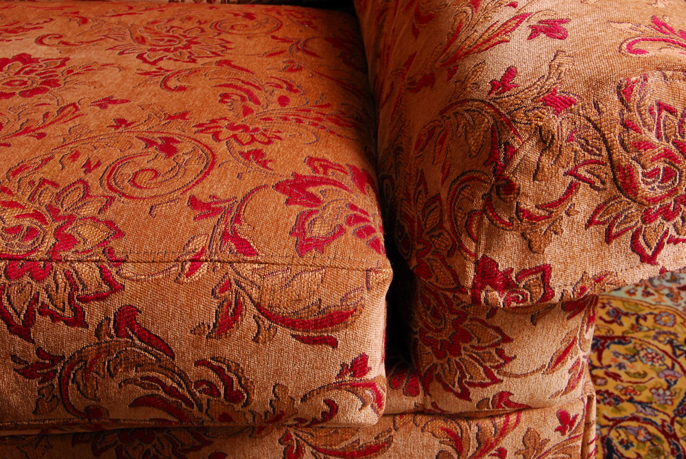 Overstuffed Upholstered Love Seat With Throw Pillows