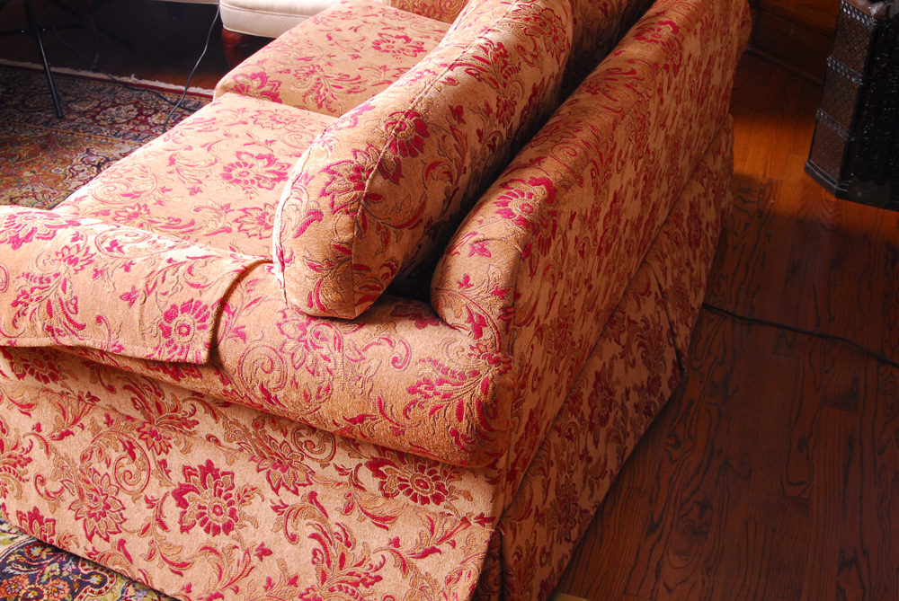 Overstuffed Upholstered Love Seat With Throw Pillows