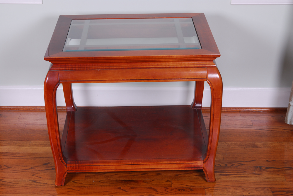 Glass Top Cherry Finish Side Table
