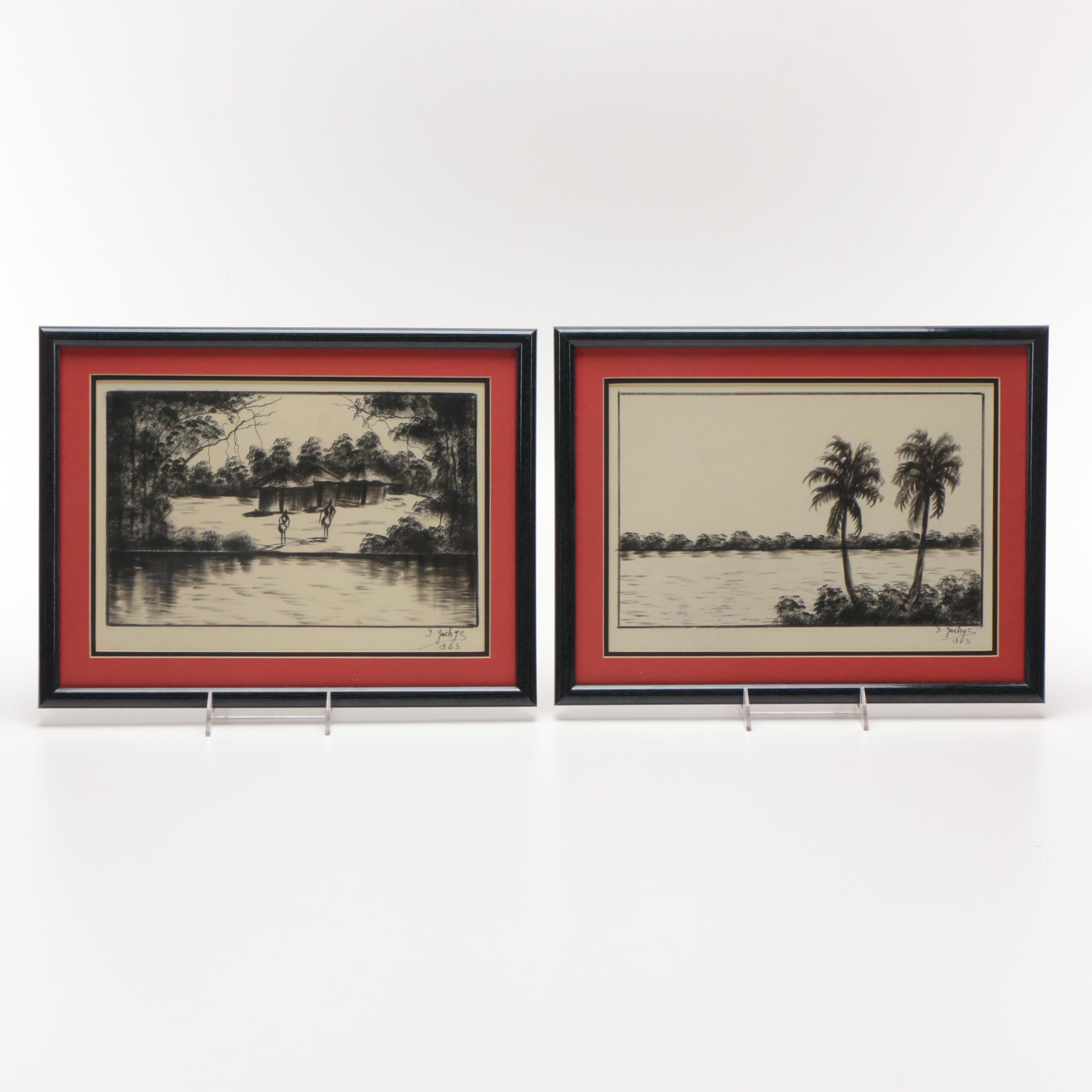 Two 1960s Ink Drawings of Tropical Landscapes