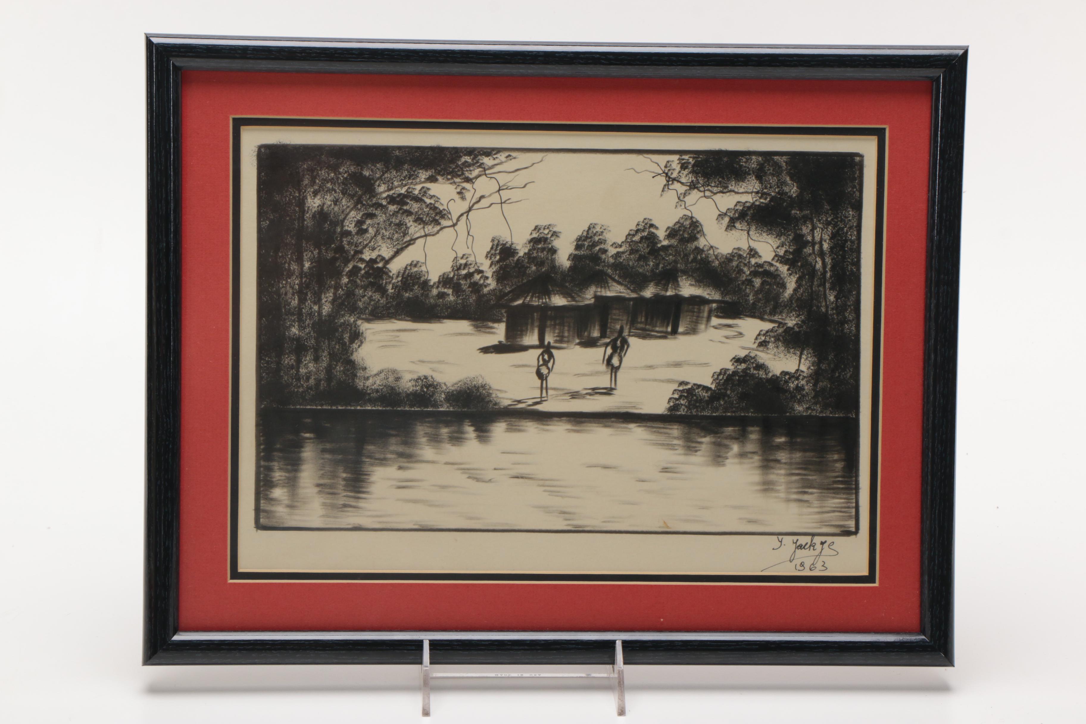 Two 1960s Ink Drawings of Tropical Landscapes