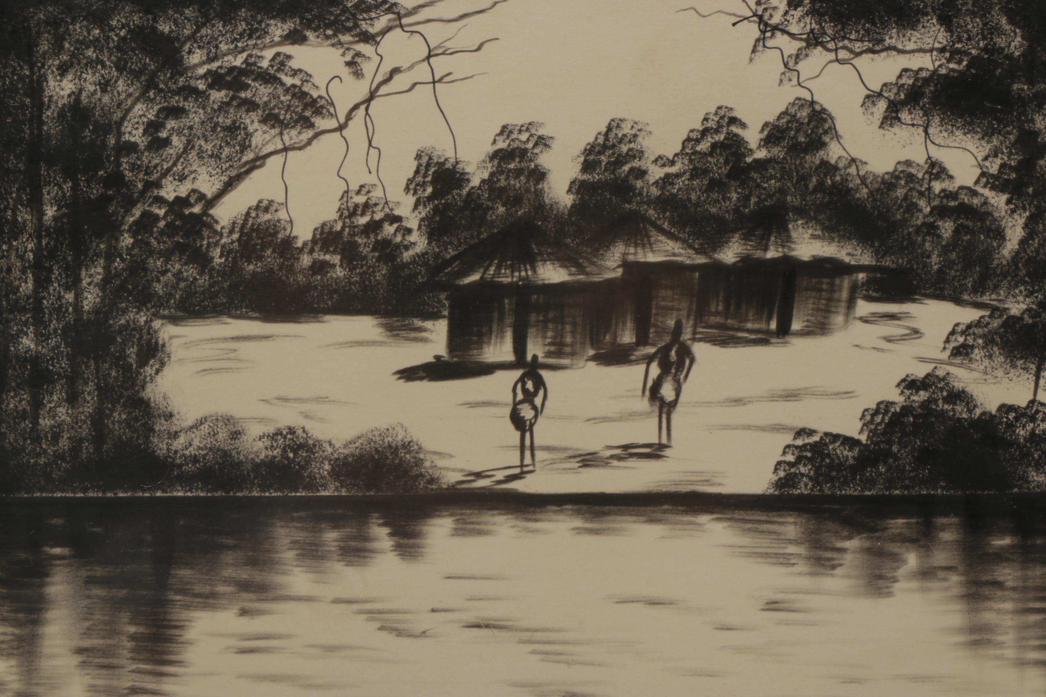 Two 1960s Ink Drawings of Tropical Landscapes