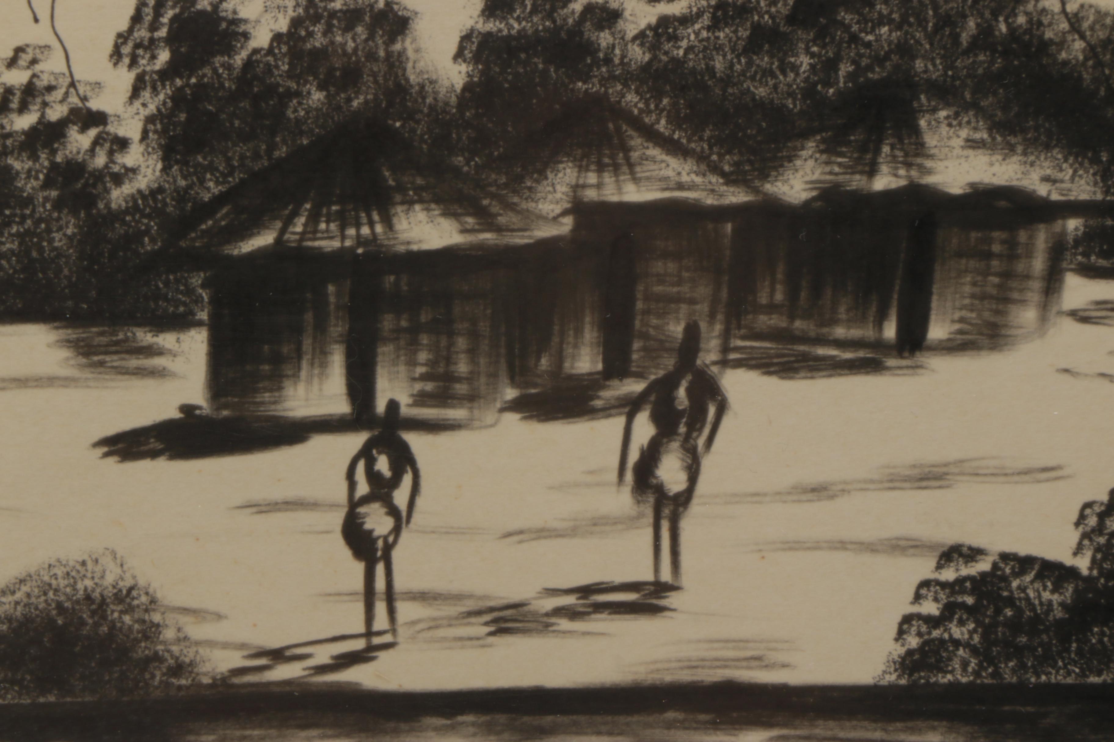 Two 1960s Ink Drawings of Tropical Landscapes