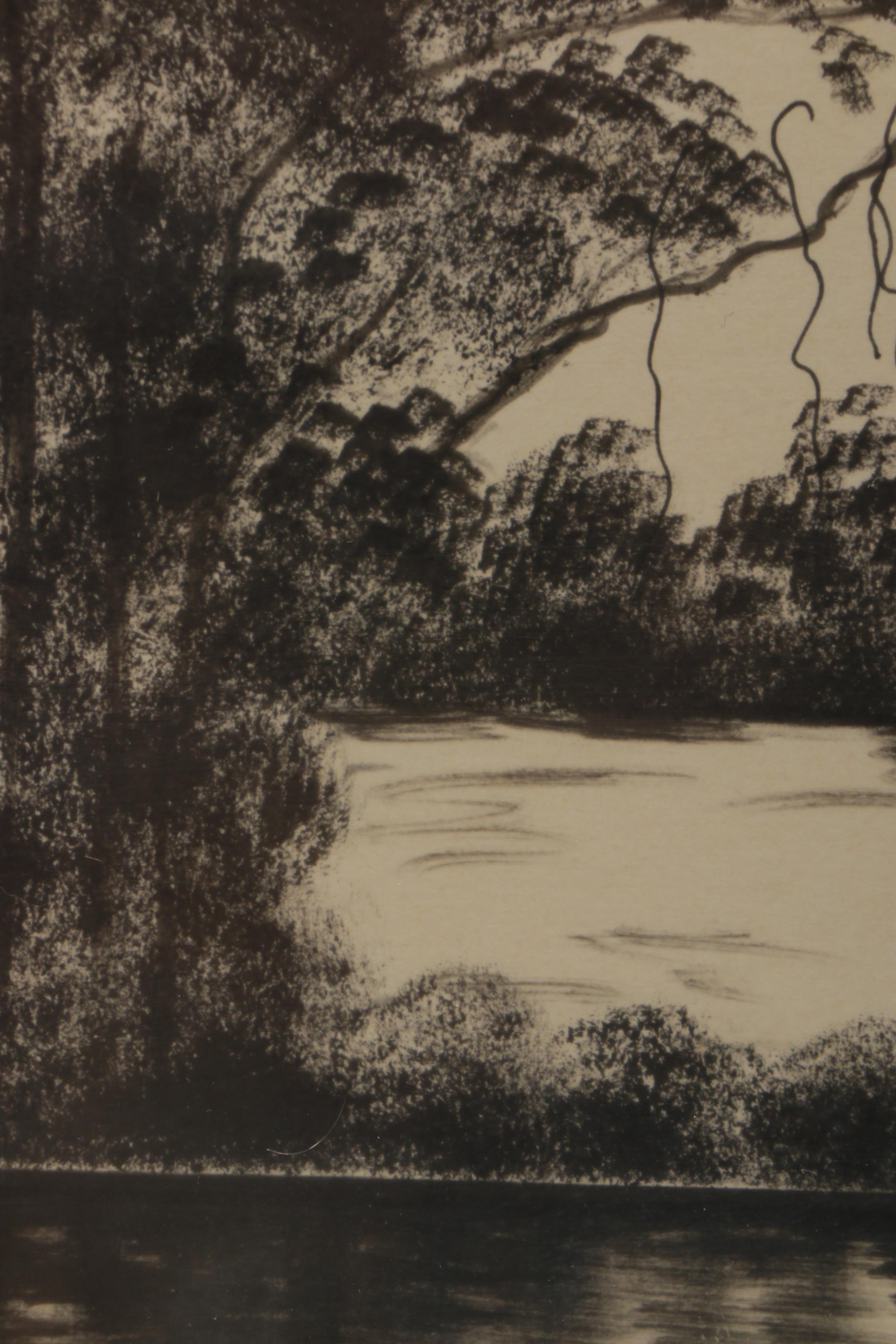 Two 1960s Ink Drawings of Tropical Landscapes
