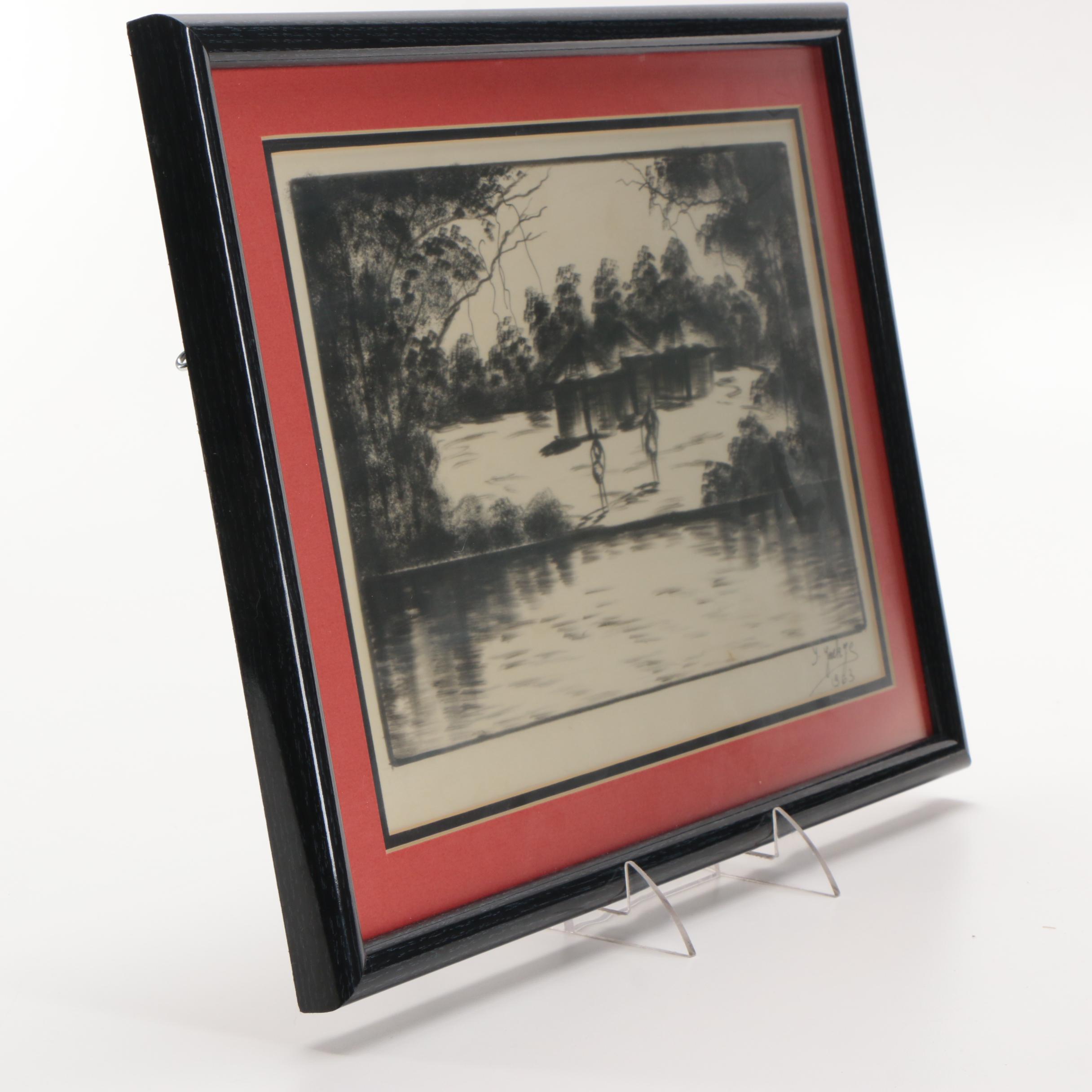 Two 1960s Ink Drawings of Tropical Landscapes