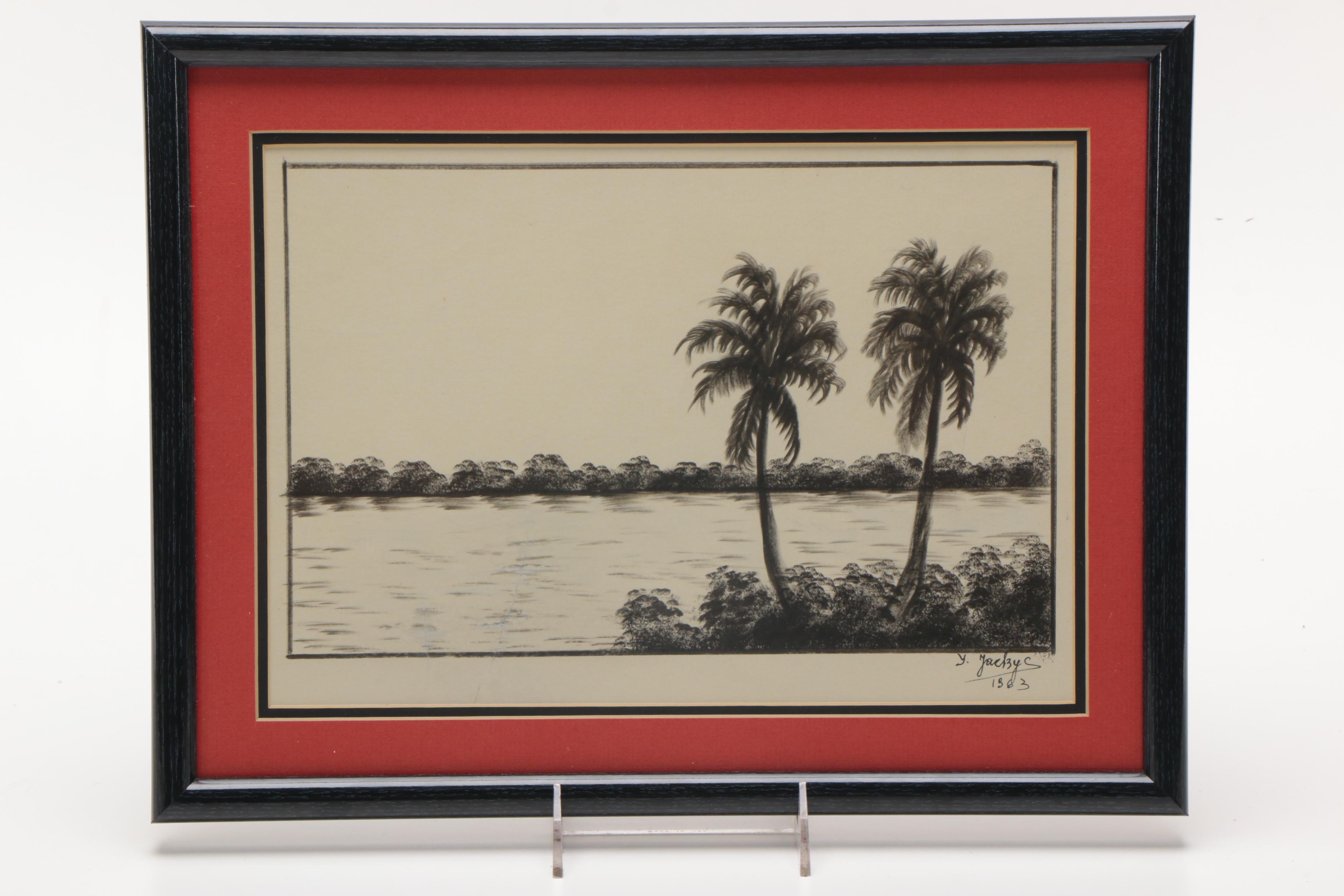 Two 1960s Ink Drawings of Tropical Landscapes