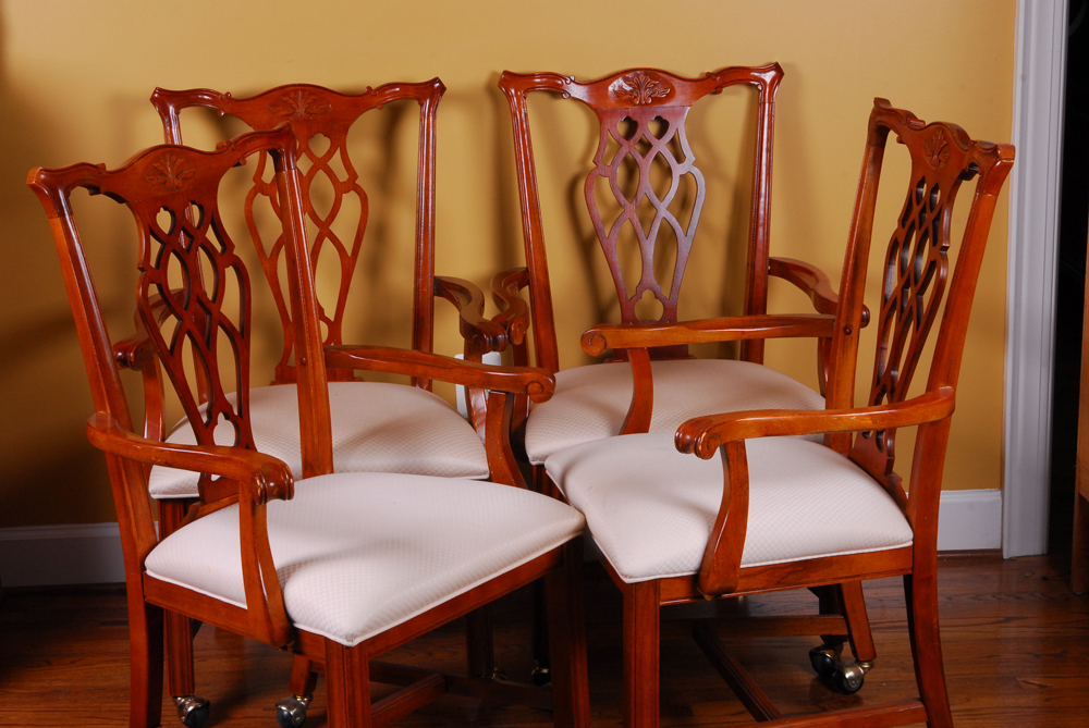 Set of Four Wooden White-padded Chippendale Style Chairs