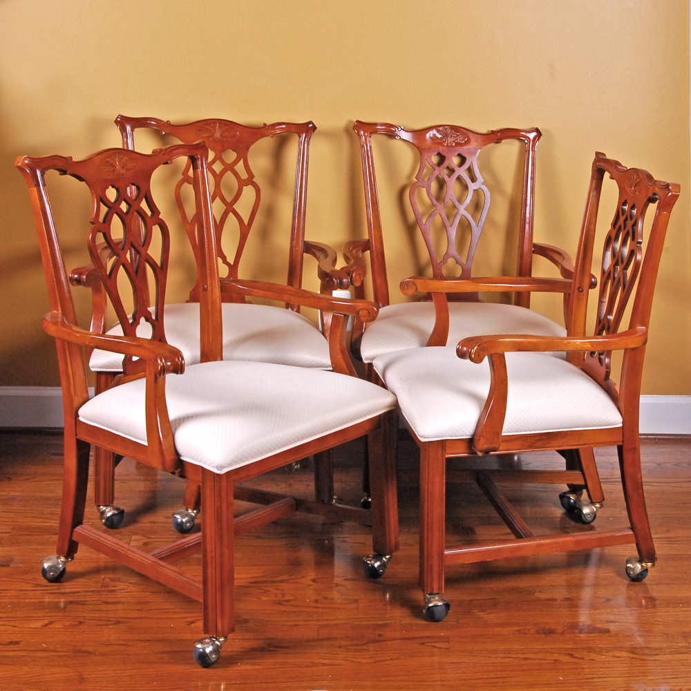 Set of Four Wooden White-padded Chippendale Style Chairs