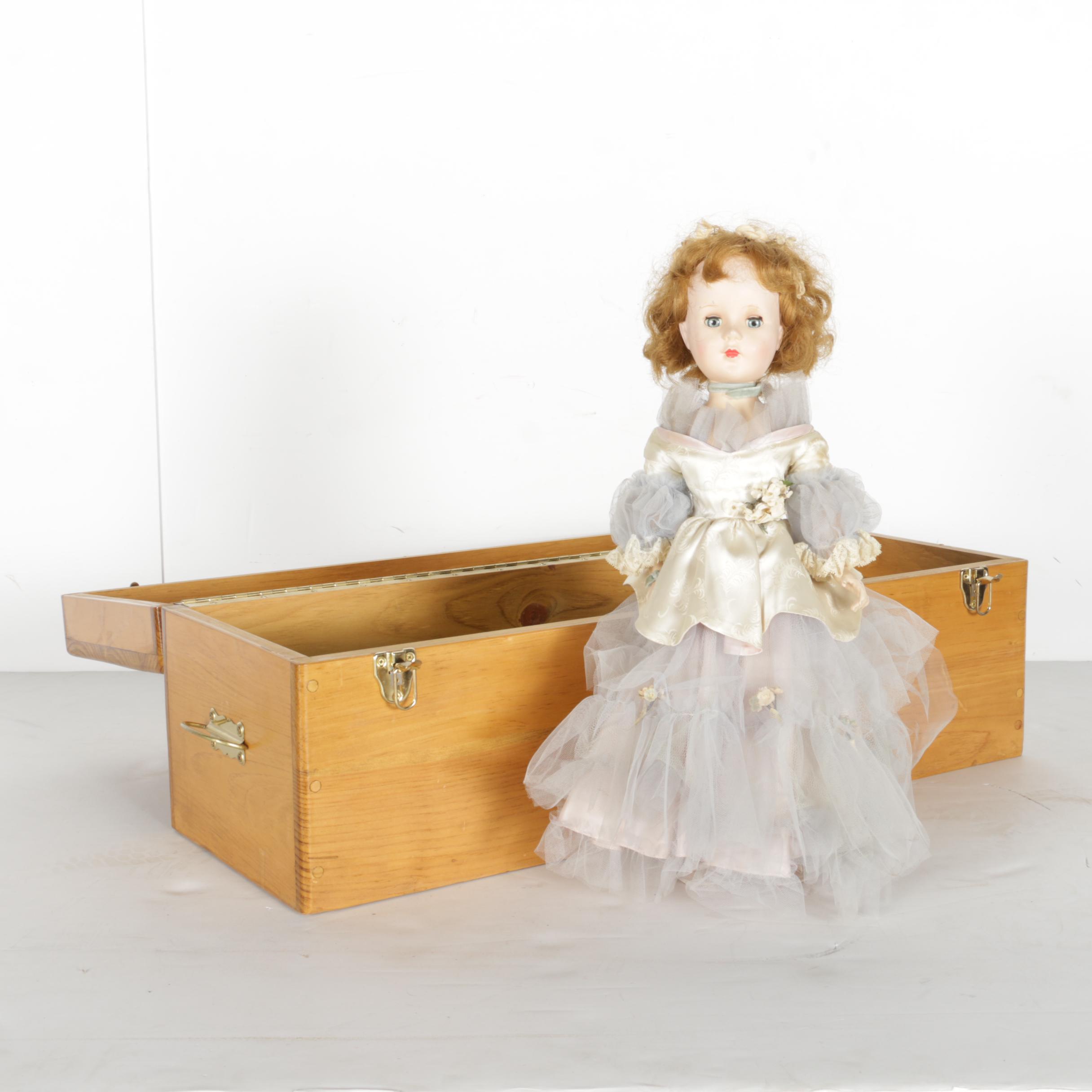 Hard Plastic Doll with Wooden Chest