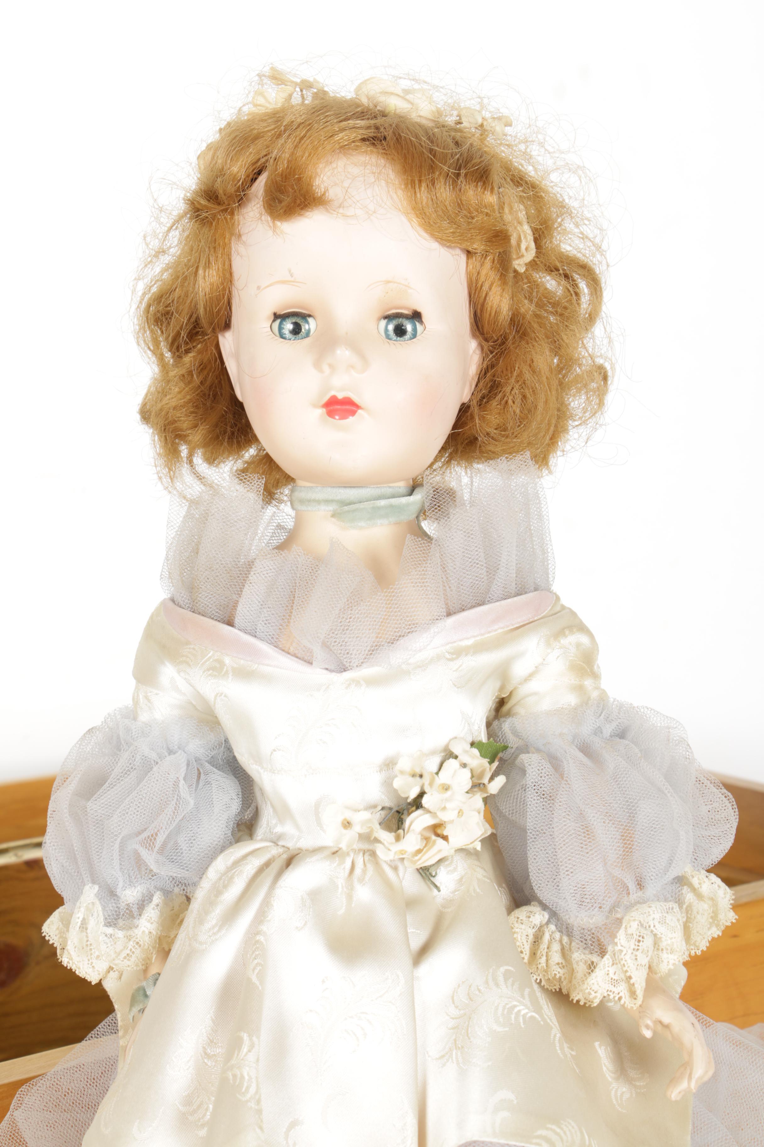 Hard Plastic Doll with Wooden Chest