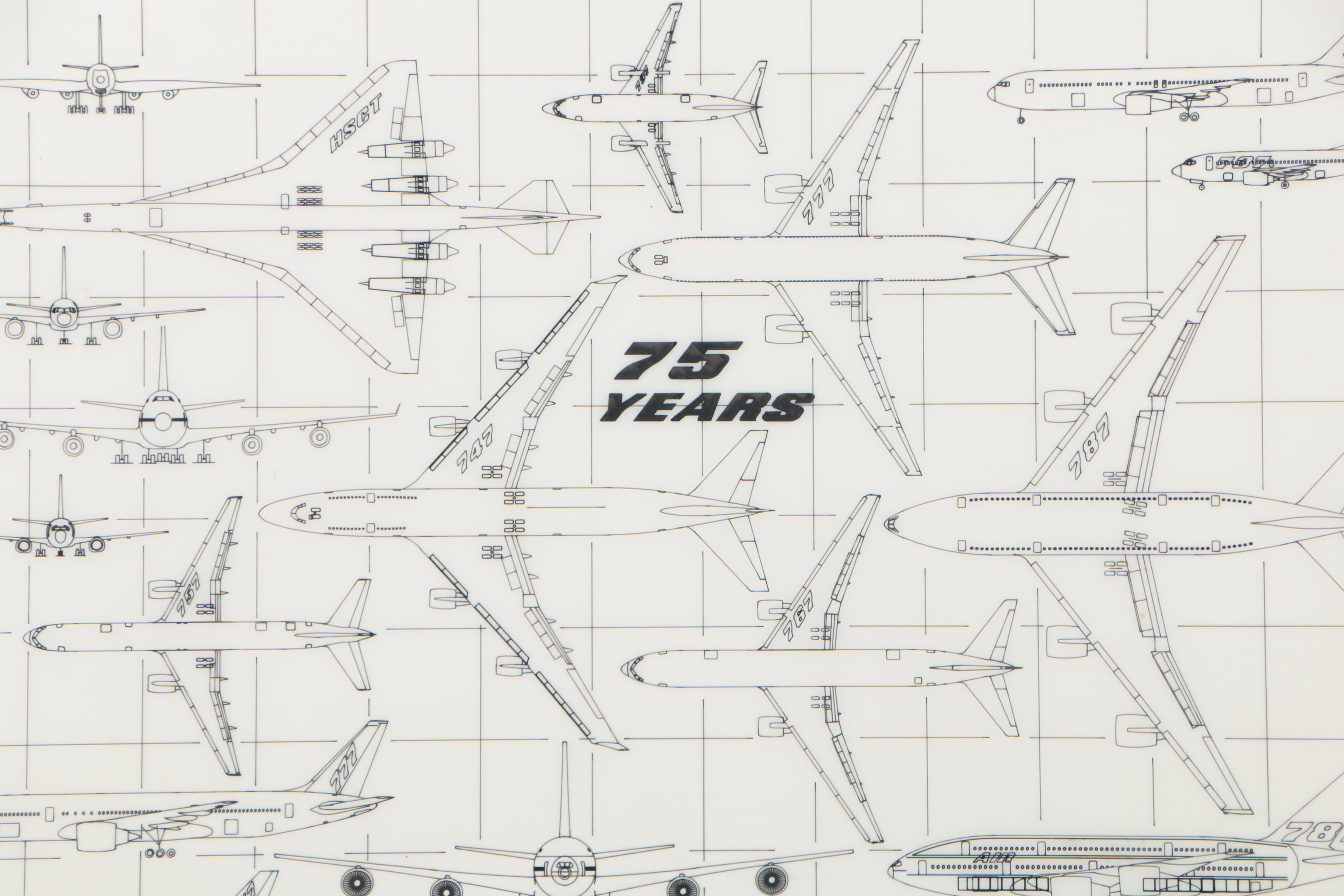 Technical Drawing of 20th-Century Boeing Airplane Designs "75 Years"