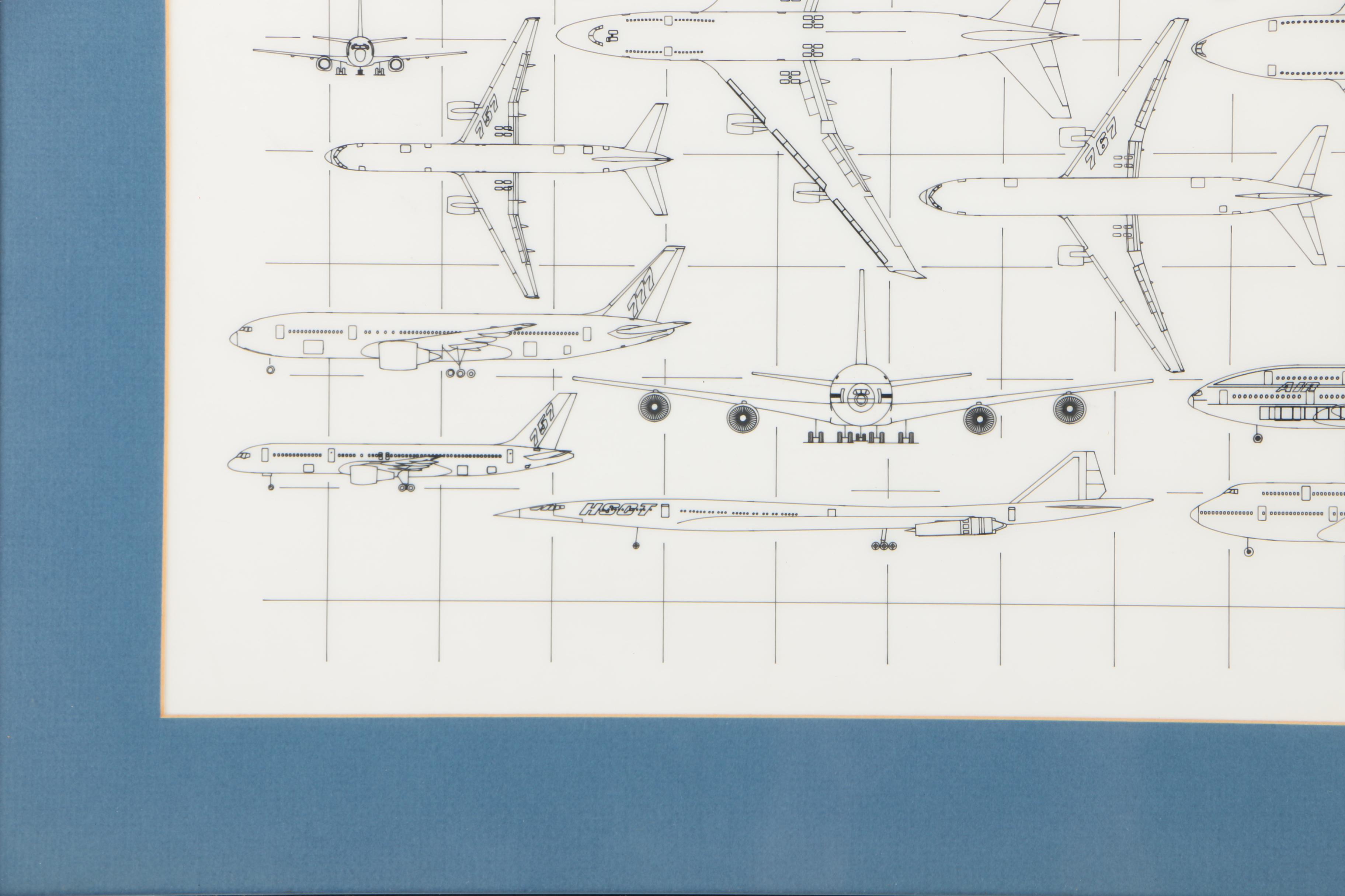 Technical Drawing of 20th-Century Boeing Airplane Designs "75 Years"