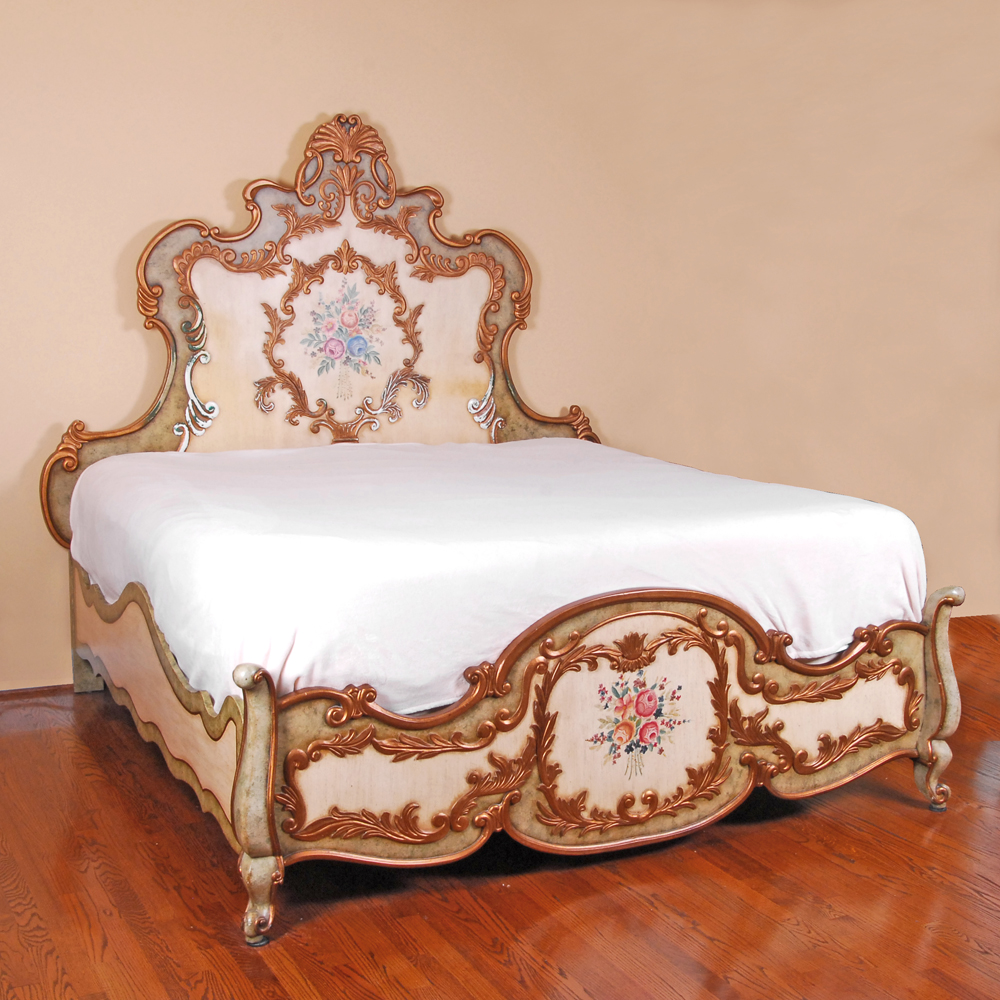 Floral Painted Louis XV Style Bed