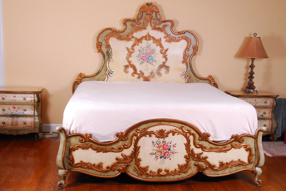 Floral Painted Louis XV Style Bed