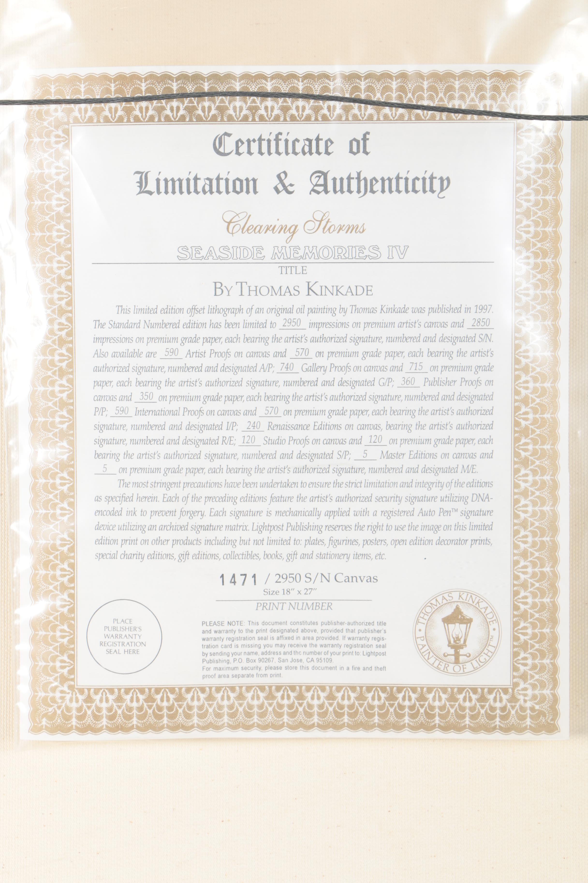 Thomas Kinkade Limited Edition Embellished Offset Lithograph on Canvas "Clearing Storms"