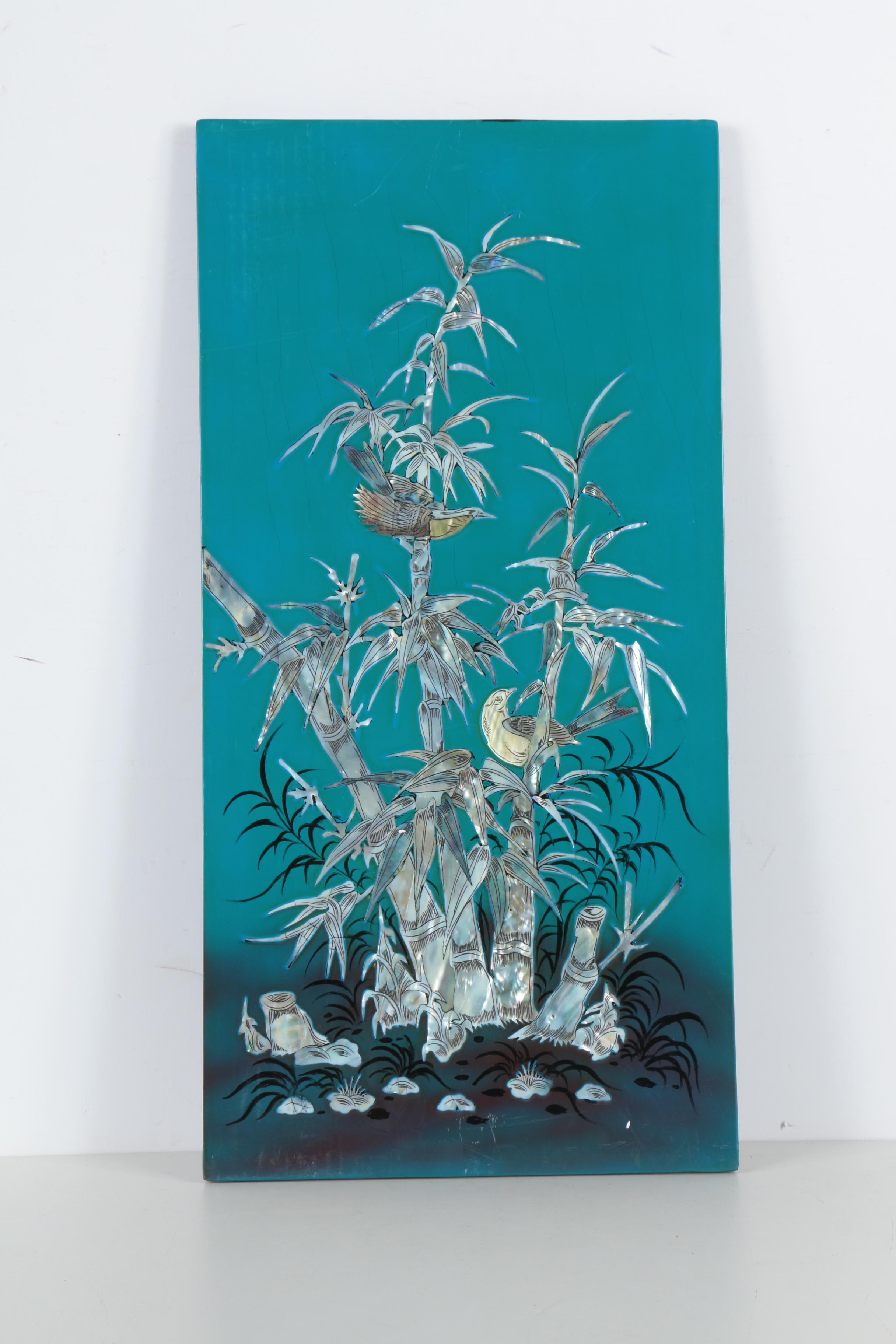 Vietnamese Lacquered Wood Panels With Mother of Pearl Inlay