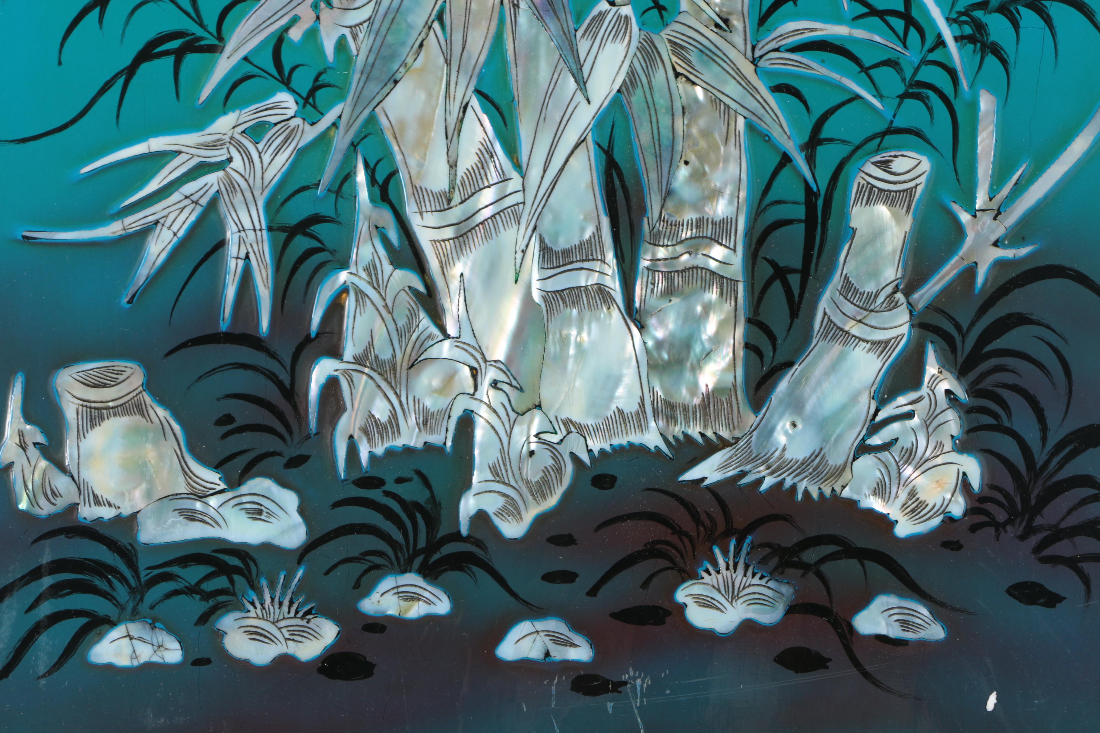 Vietnamese Lacquered Wood Panels With Mother of Pearl Inlay