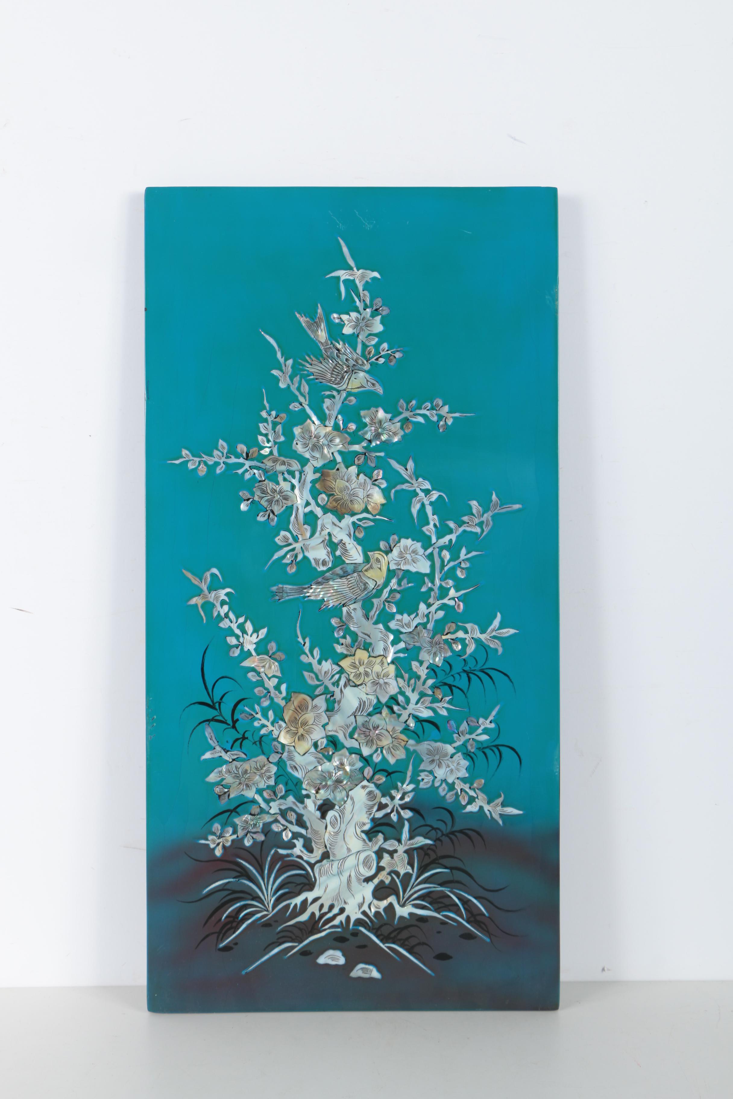 Vietnamese Lacquered Wood Panels With Mother of Pearl Inlay