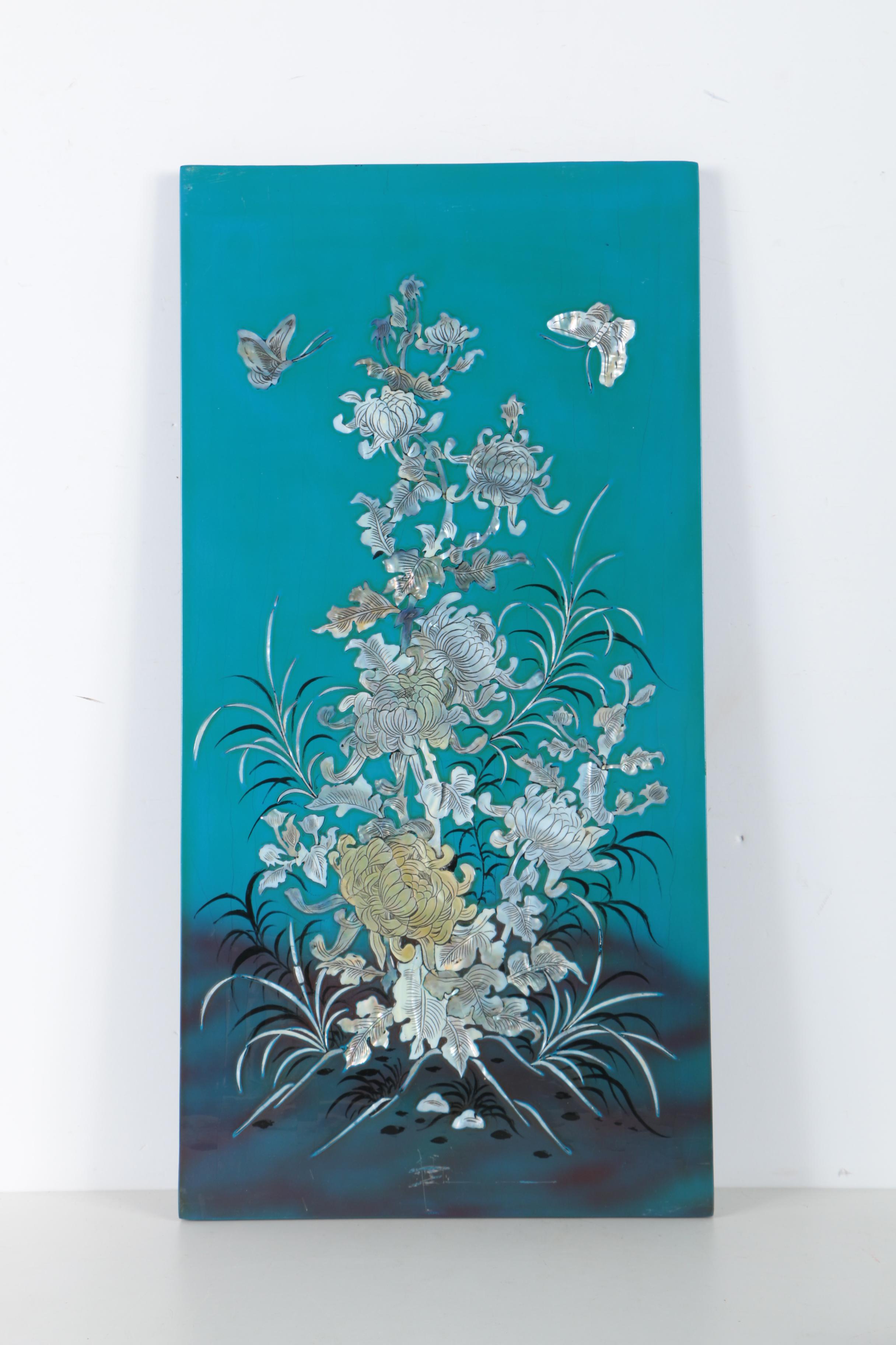 Vietnamese Lacquered Wood Panels With Mother of Pearl Inlay
