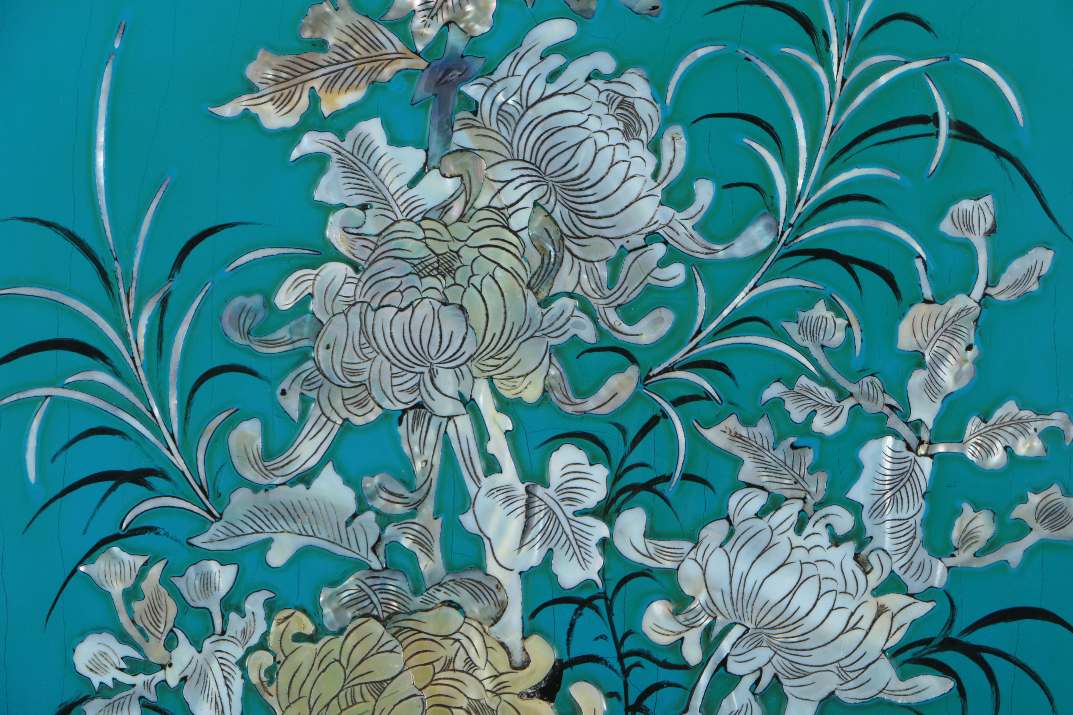 Vietnamese Lacquered Wood Panels With Mother of Pearl Inlay