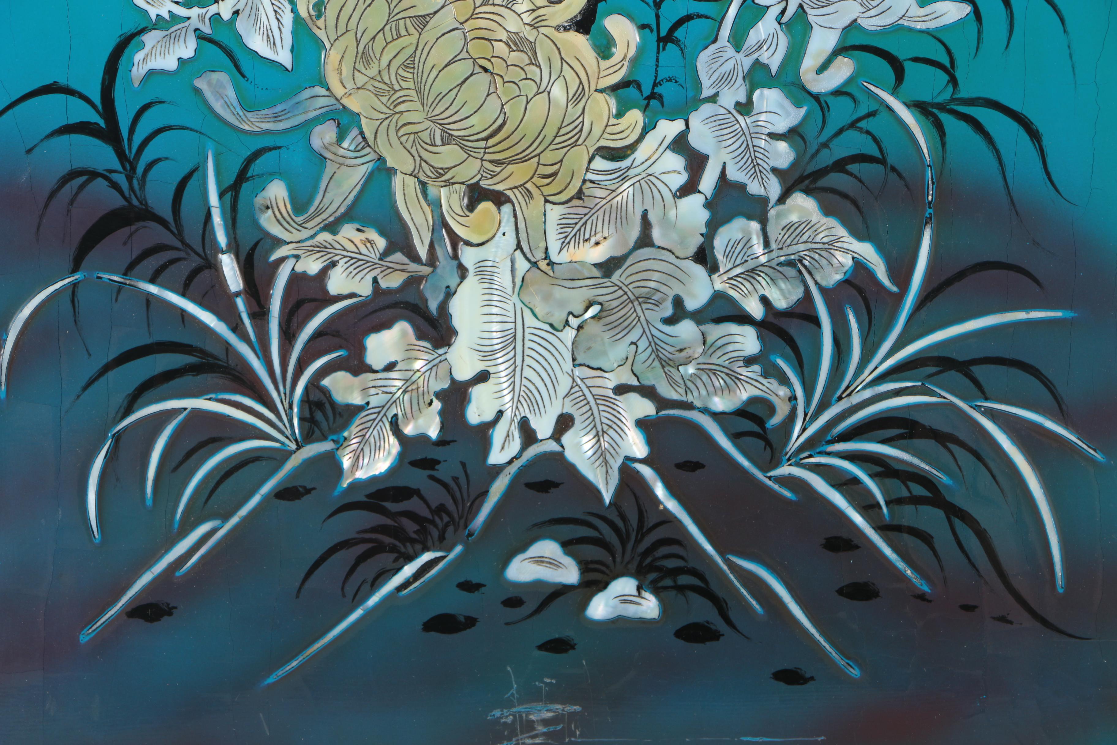 Vietnamese Lacquered Wood Panels With Mother of Pearl Inlay