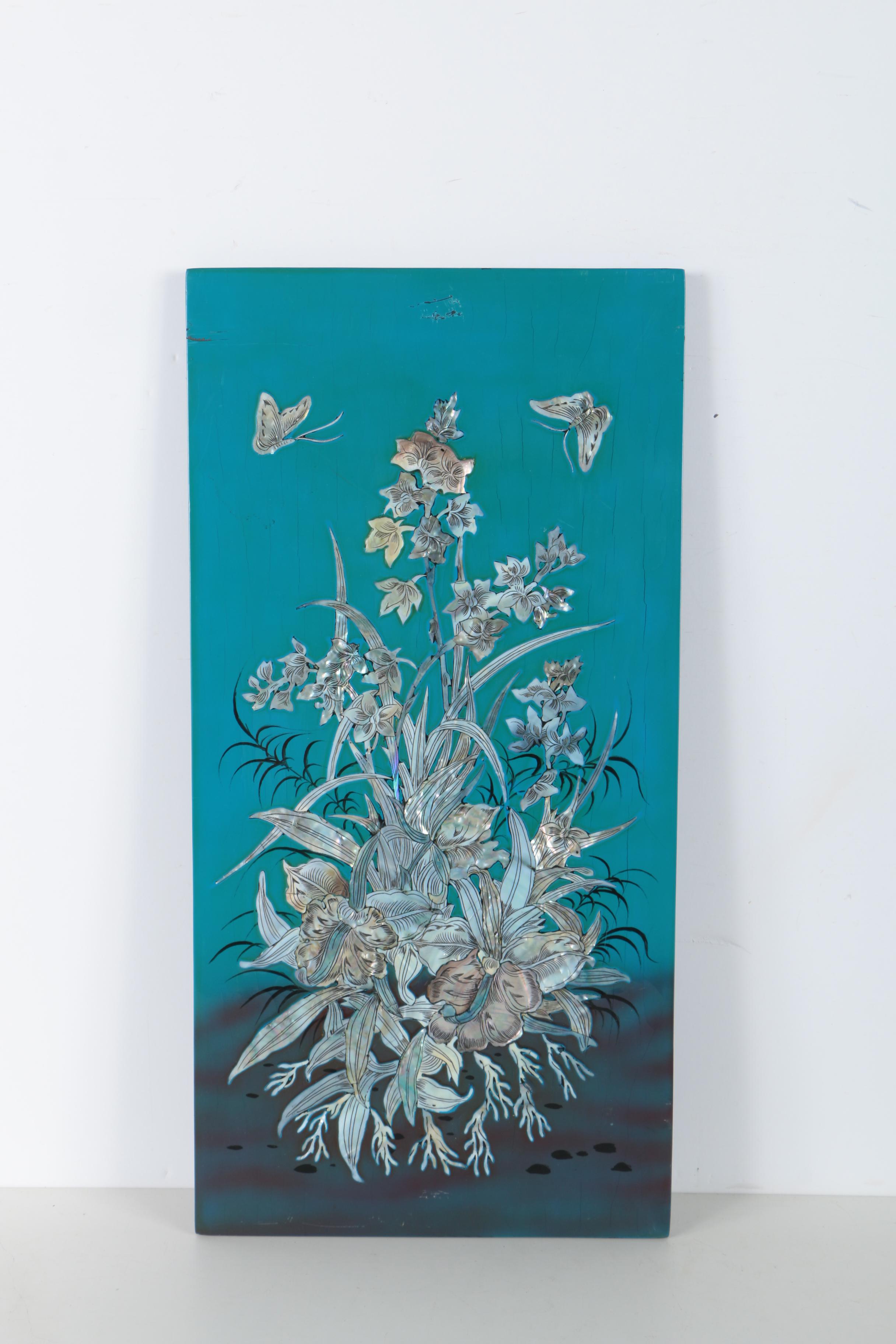 Vietnamese Lacquered Wood Panels With Mother of Pearl Inlay