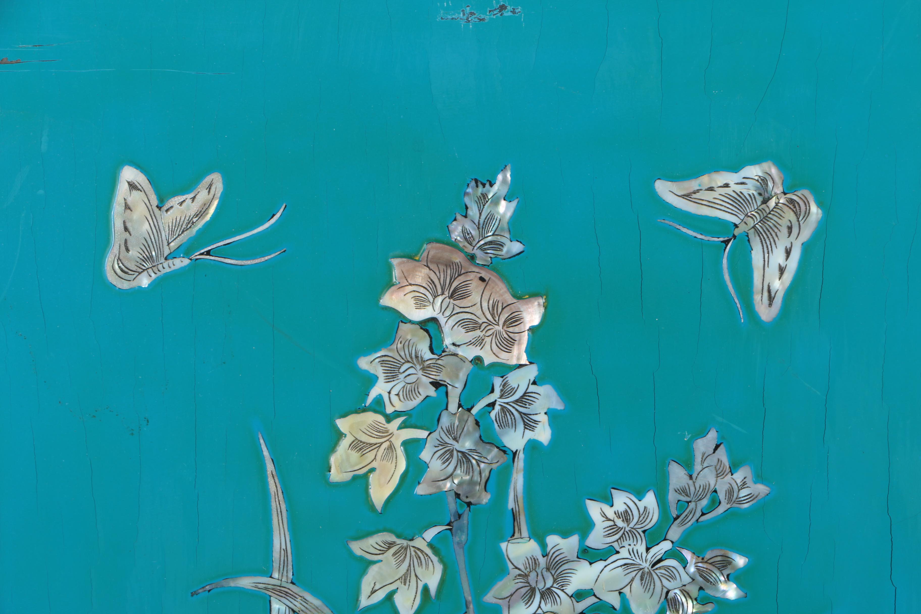 Vietnamese Lacquered Wood Panels With Mother of Pearl Inlay