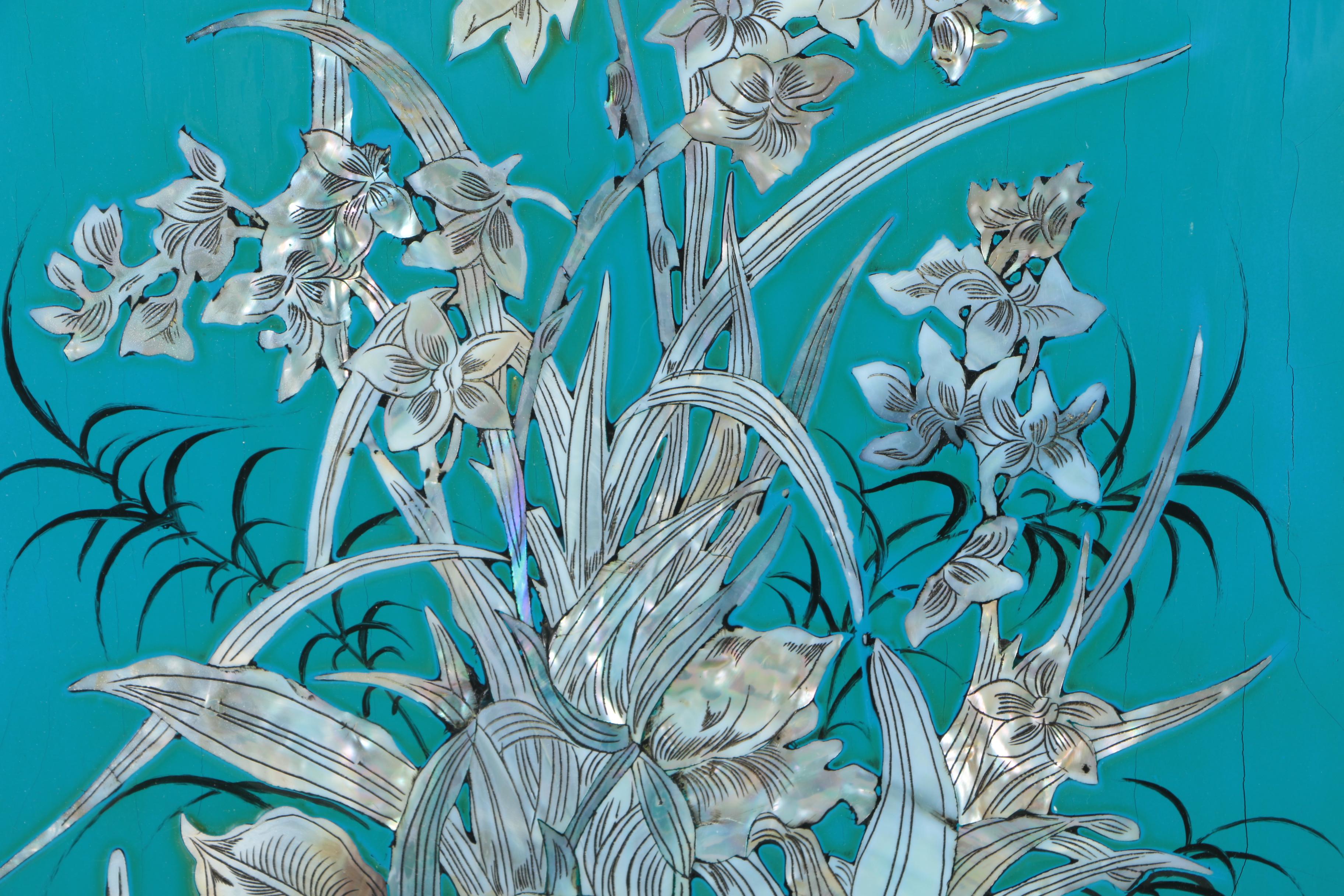 Vietnamese Lacquered Wood Panels With Mother of Pearl Inlay