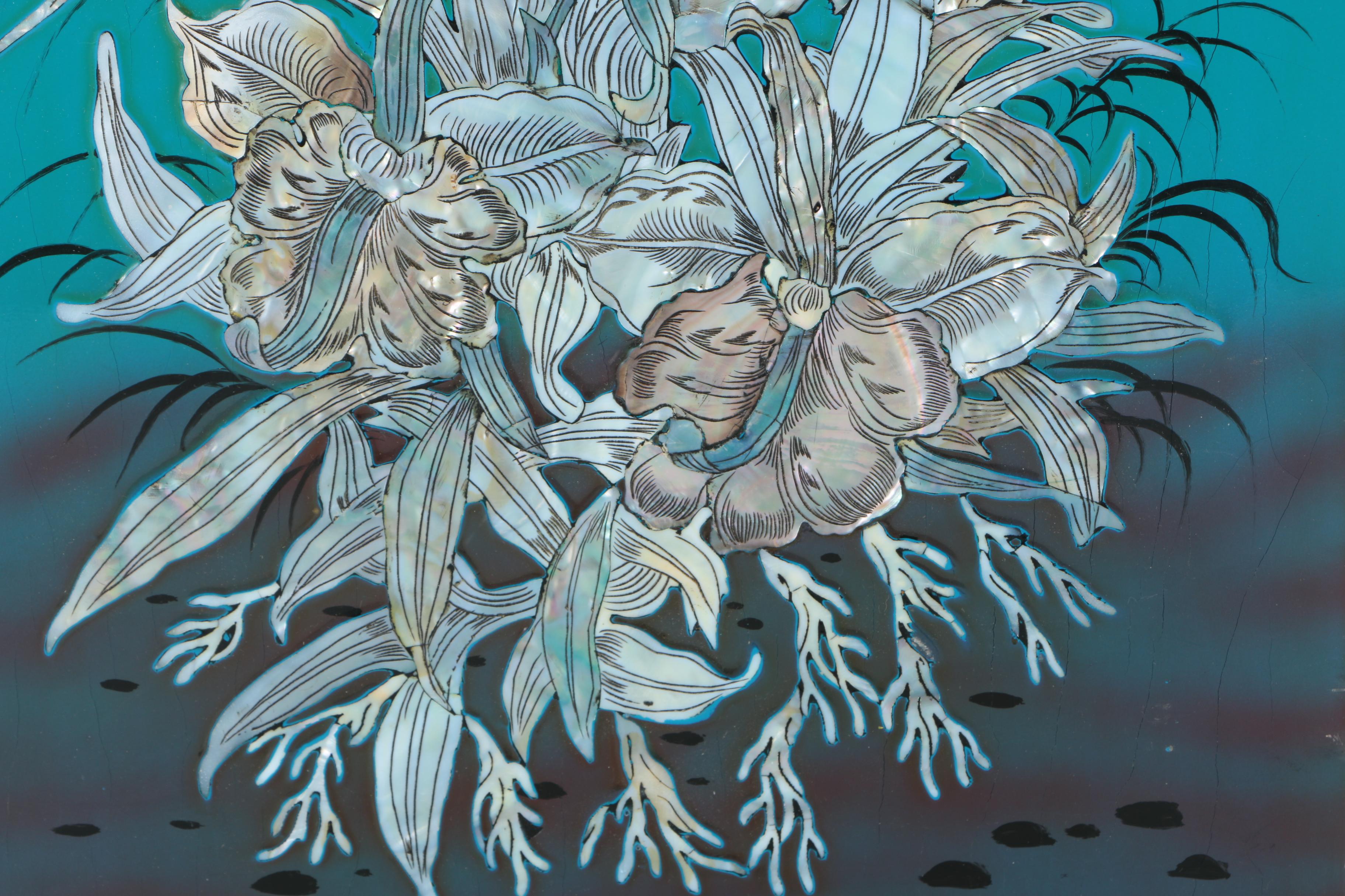 Vietnamese Lacquered Wood Panels With Mother of Pearl Inlay