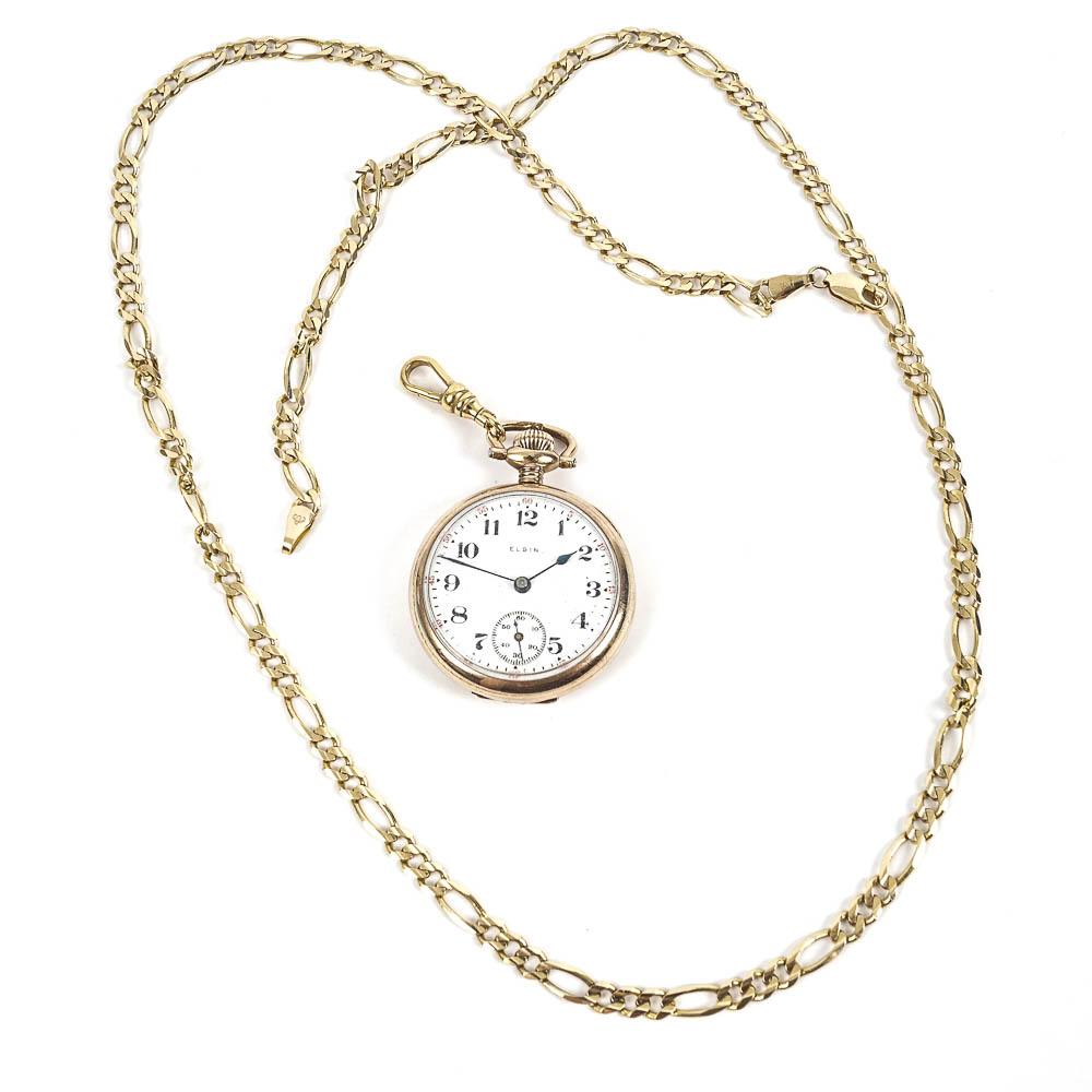 Elgin 10K Yellow Gold Pocket Watch and 14K Gold Filled Chain