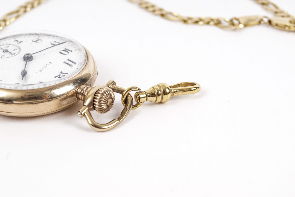 Elgin 10K Yellow Gold Pocket Watch and 14K Gold Filled Chain