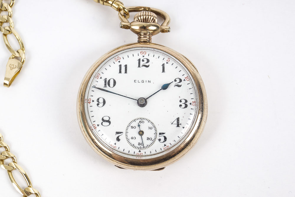Elgin 10K Yellow Gold Pocket Watch and 14K Gold Filled Chain