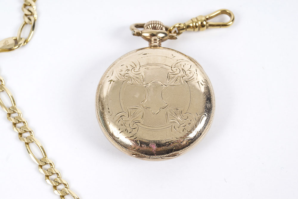 Elgin 10K Yellow Gold Pocket Watch and 14K Gold Filled Chain
