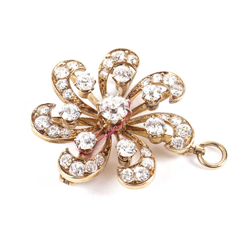 Victorian Pinwheel 14K Yellow Gold Brooch Pendant with Diamonds