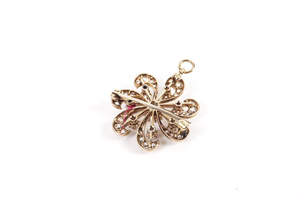 Victorian Pinwheel 14K Yellow Gold Brooch Pendant with Diamonds