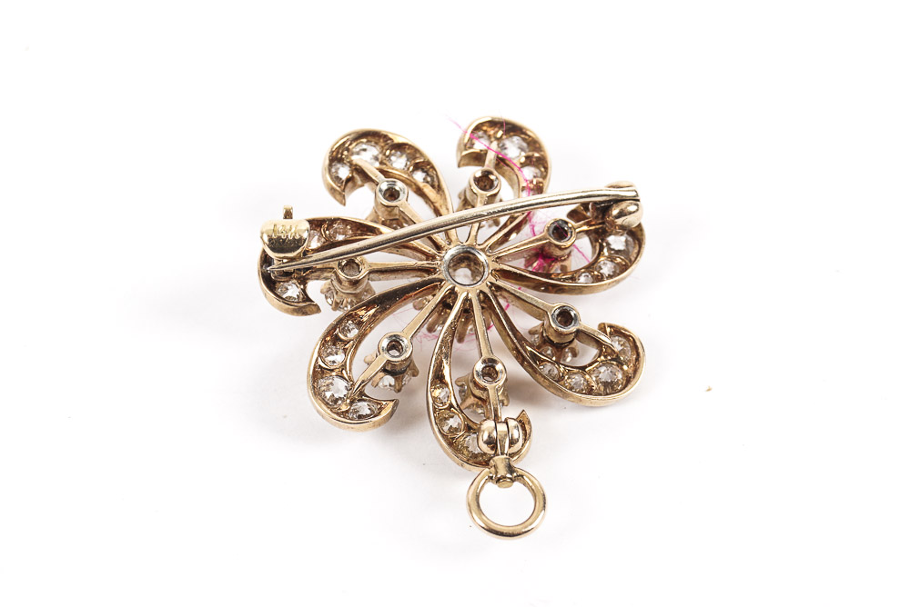 Victorian Pinwheel 14K Yellow Gold Brooch Pendant with Diamonds
