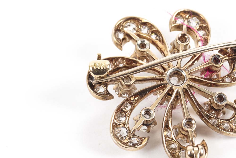 Victorian Pinwheel 14K Yellow Gold Brooch Pendant with Diamonds