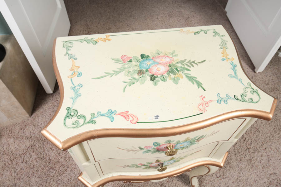 Small French Style Side Chest with Gold and Pastel Floral Motifs