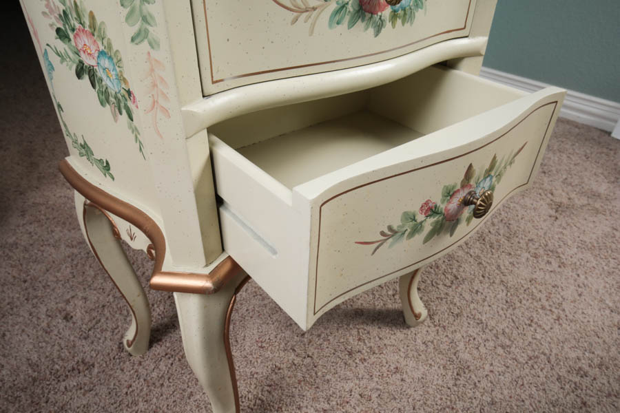 Small French Style Side Chest with Gold and Pastel Floral Motifs