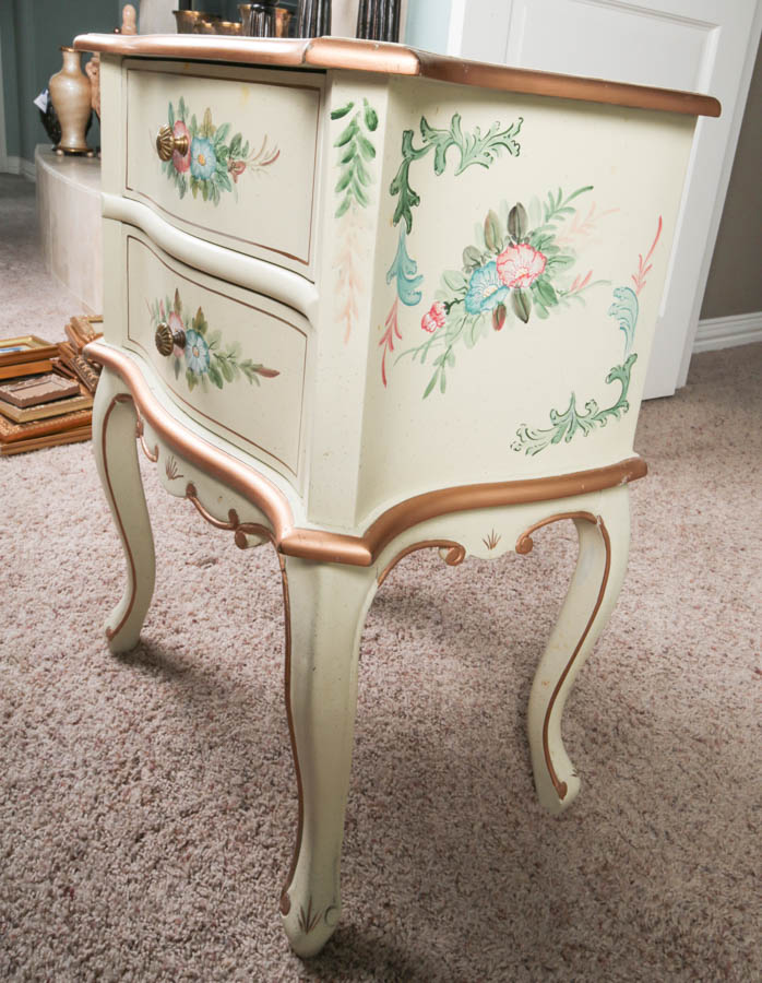Small French Style Side Chest with Gold and Pastel Floral Motifs